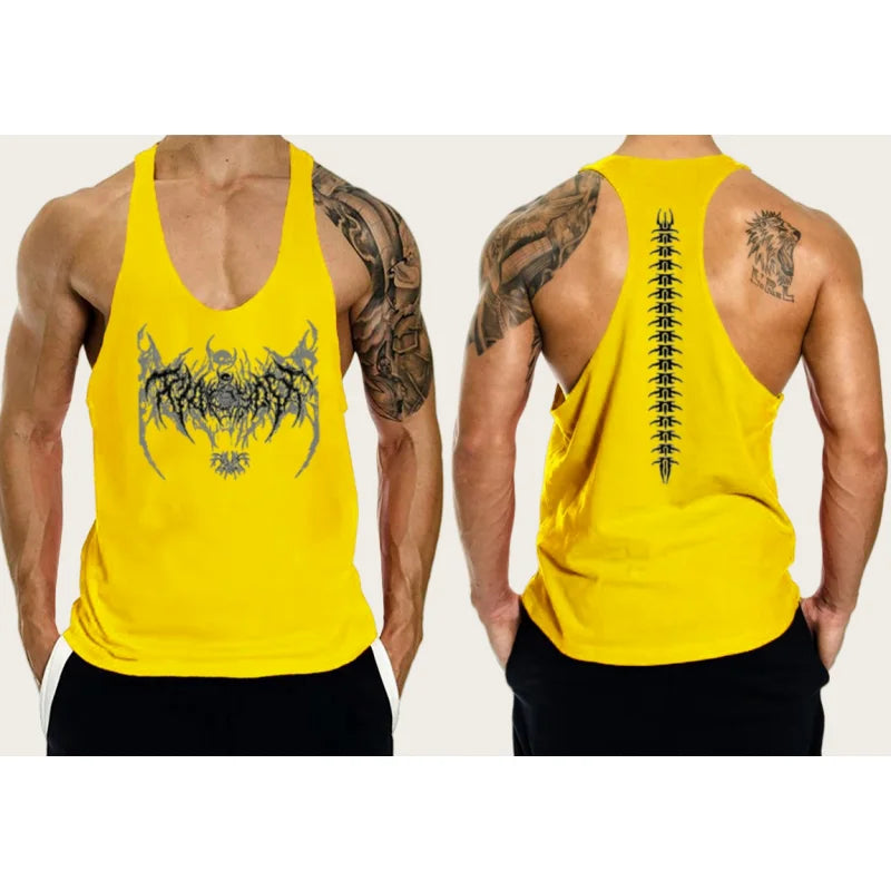 2025 New Cotton Exercise Gym Vest - Men's Muscle Sleeveless Sportswear, Front & Back Print Stringer for Bodybuilding Fitness