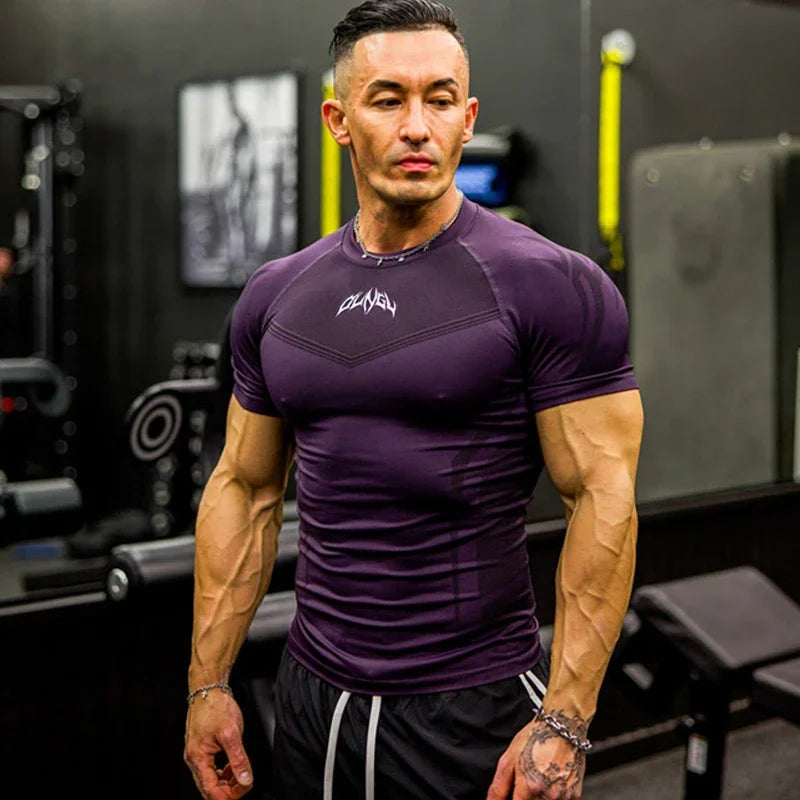 GYM Sports T-shirt Men's Tight Fitness Suit High Elasticity Quick-drying American Tight Fashion Muscle Leg Training Short Sleeve