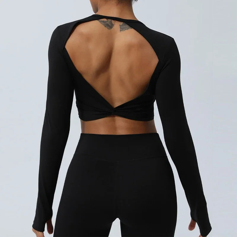 Sexy Backless Long Sleeve Yoga Clothing Stretch Gym Workout Top Female Running Quick Dry Sportswear Women Back Cross Sports Top