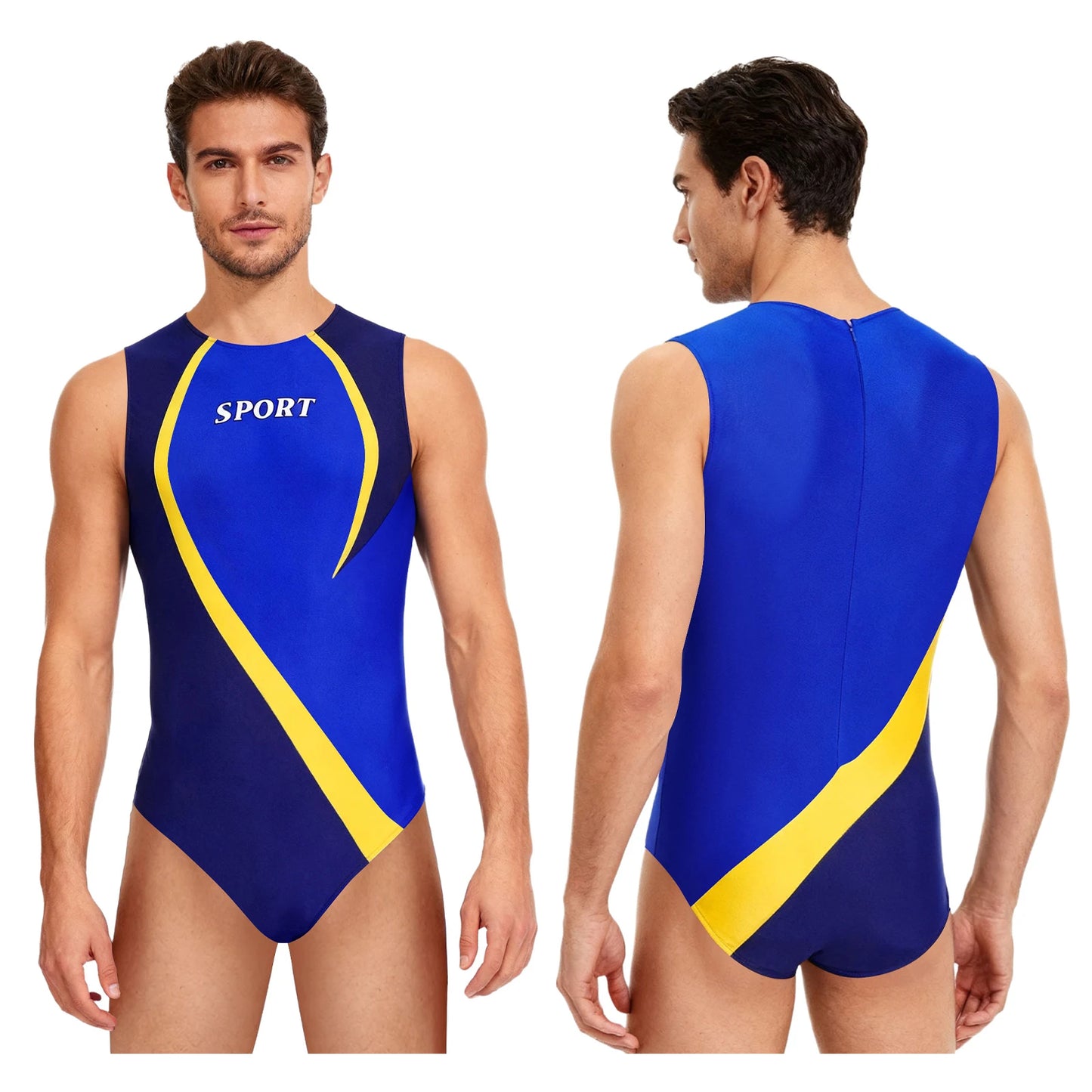 Gym Bodybuilding Leotard for Mens One-piece Swimsuit Sleeveless Zipper Color Block Sports Bodysuit Workout Athletic Costume