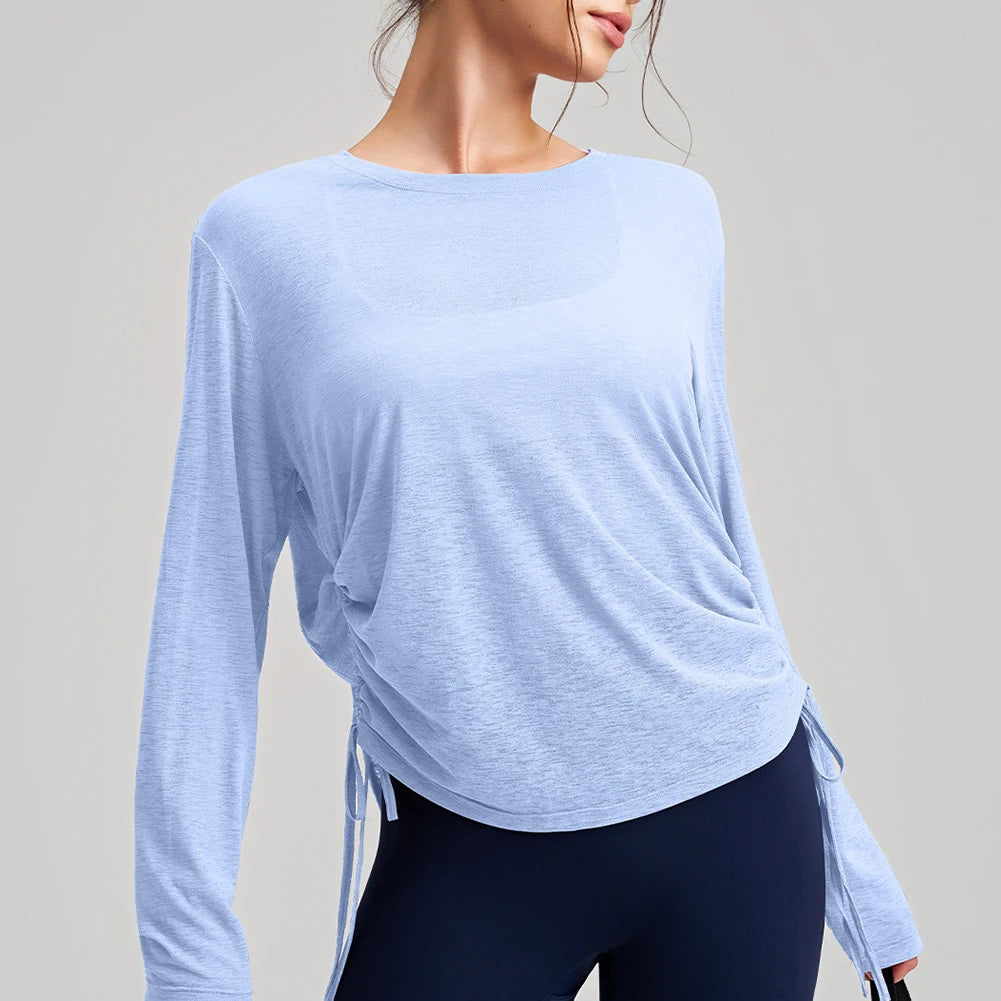 Women's Yoga Cover Up Shirt Long Sleeve, Drawstring Loose Fit Tunic, Breathable Round Neck Outerwear for Gym