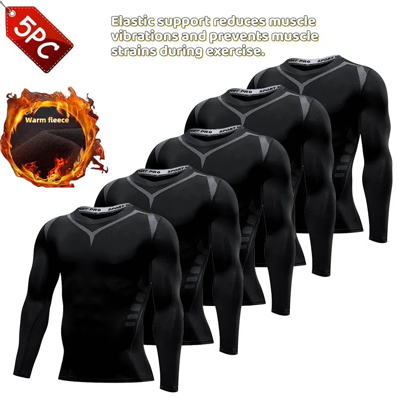 5-Piece Gym Clothing Winter Thermal Bodybuilding Top Men's Jogging Compression Running T Shirt Fitness camisetas de hombre