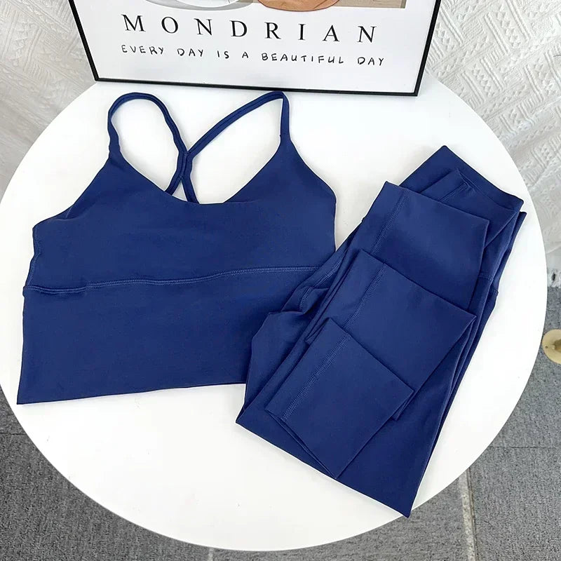 2 Piece Yoga Set Sportswear Fitness Suits Sexy Cross back Yoga Tops Elasticity High Waist Leggings Running Sports Clothing👚👍️