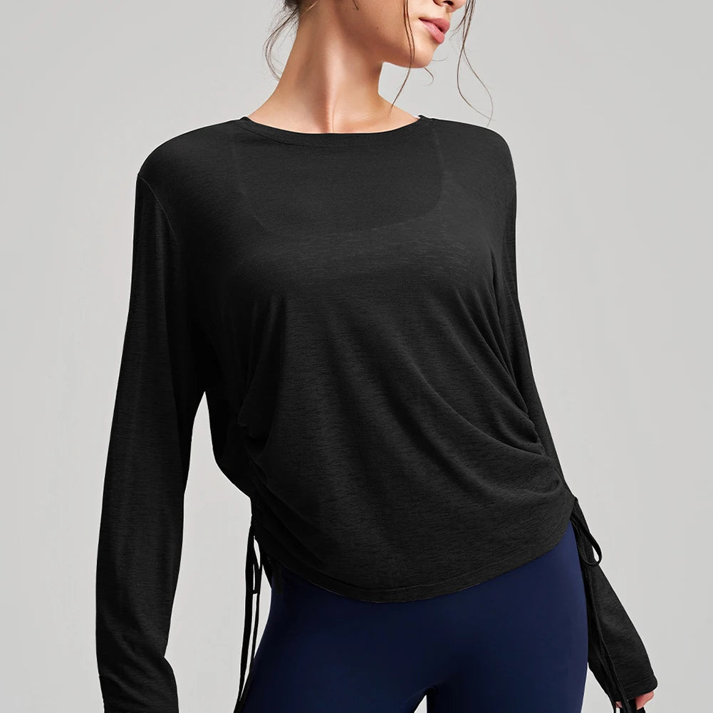 Women's Yoga Cover Up Shirt Long Sleeve, Drawstring Loose Fit Tunic, Breathable Round Neck Outerwear for Gym