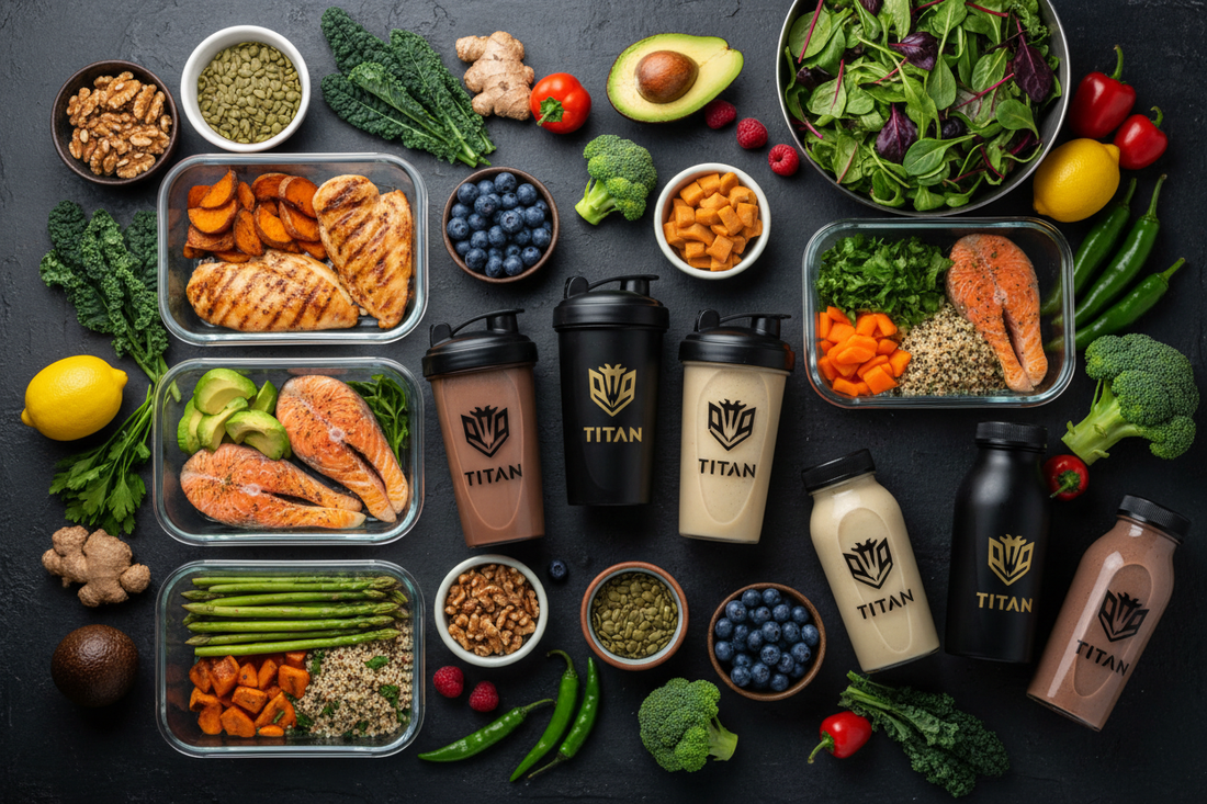 TITAN Champion Nutrition — Meal prep containers with healthy food and TITAN shaker bottles