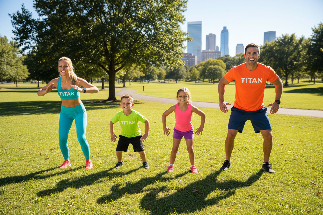TITAN Family Fitness — Family working out together in the park wearing TITAN gear