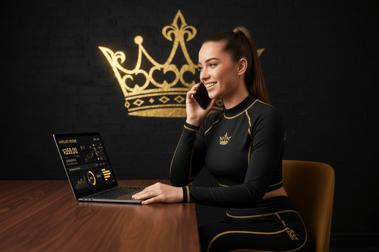 TITAN affiliate earning monthly income on phone with Crown Edition athletic wear