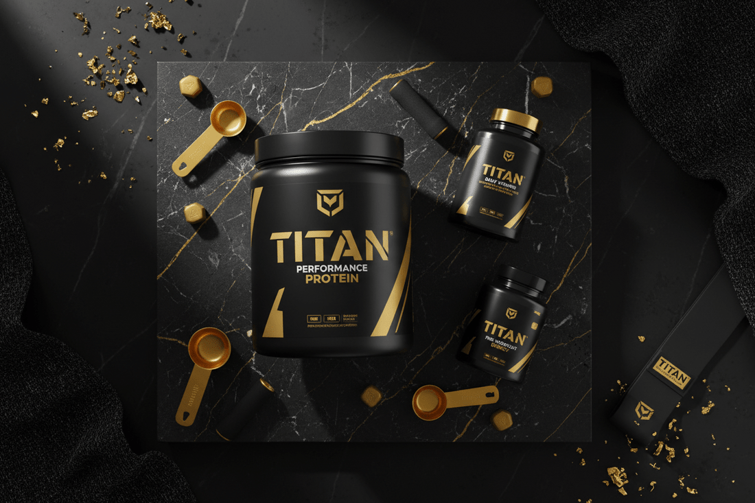 TITAN premium supplement stack on black marble with gold accents