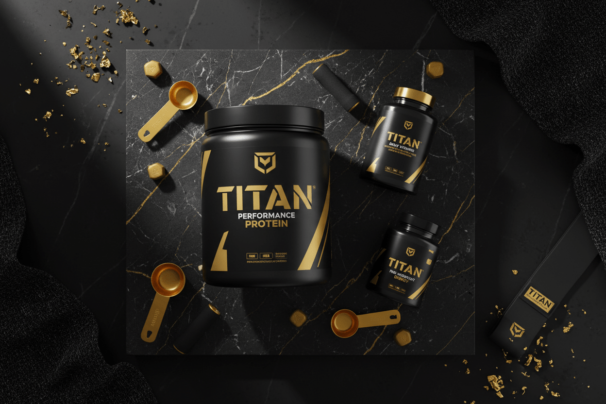 TITAN premium supplement stack on black marble with gold accents