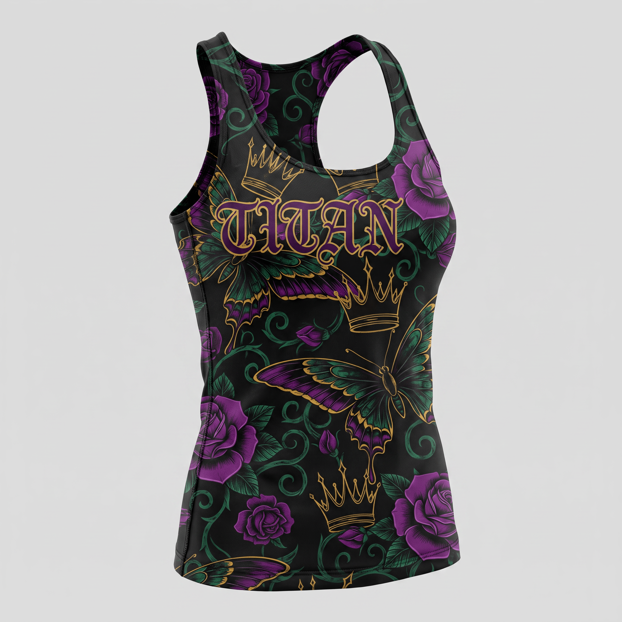 Black racerback tank top with purple roses, butterflies, crowns, and Titan lettering.