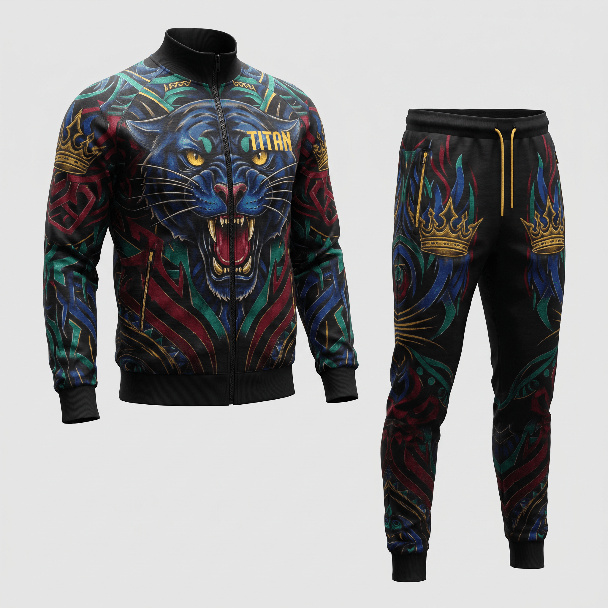 Black tracksuit featuring a blue panther graphic, gold crowns, and red and green patterns.