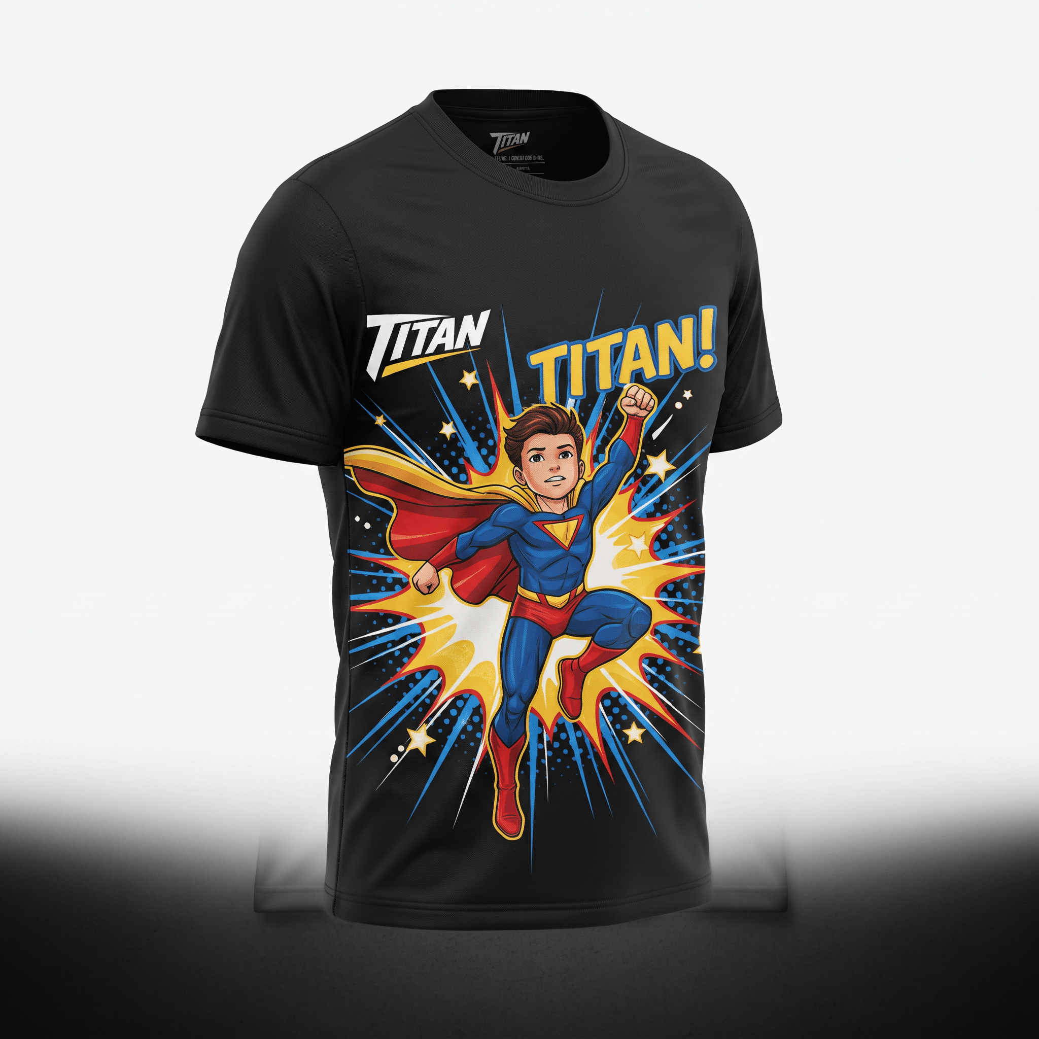Black t-shirt featuring a cartoon superhero graphic with comic book style art and Titan text.