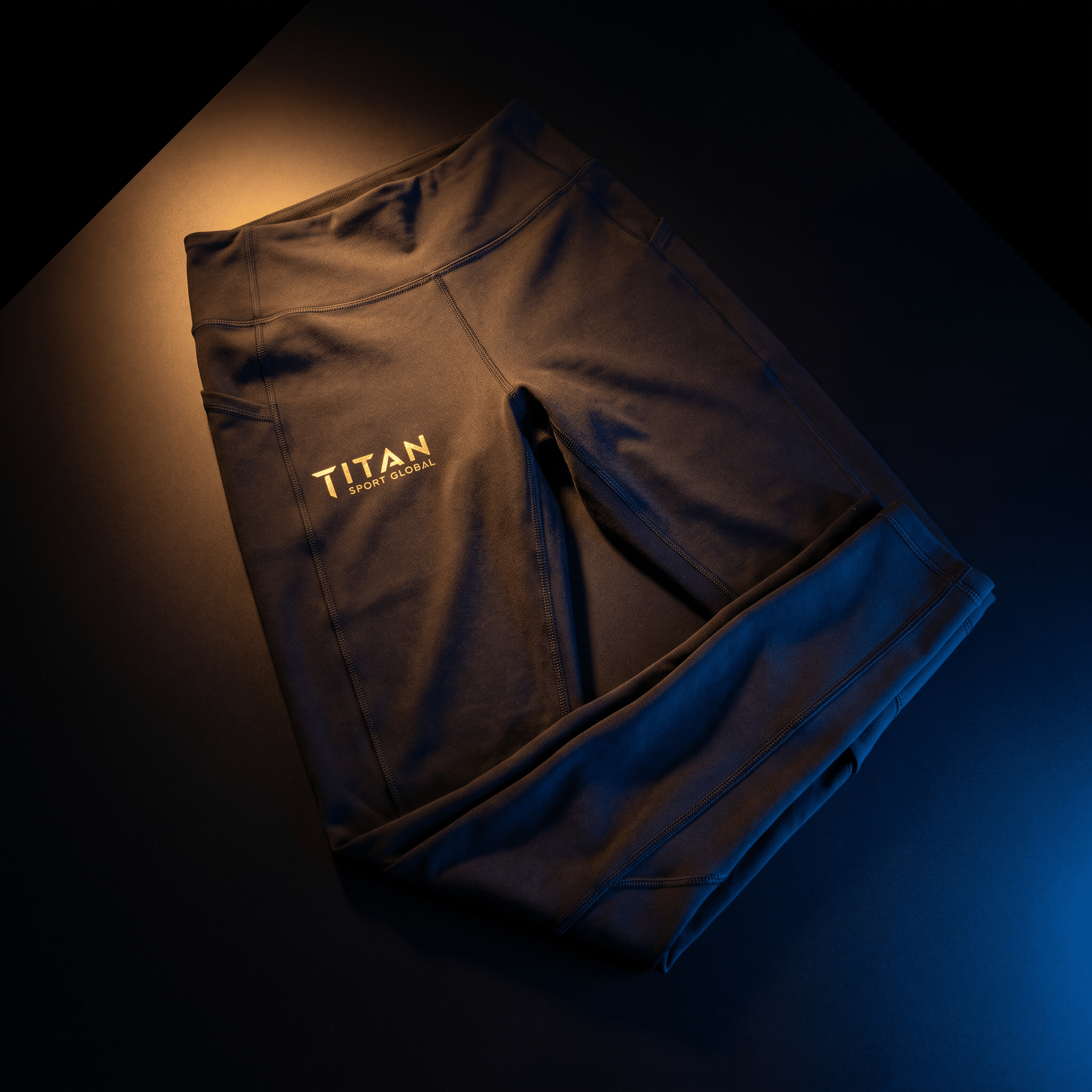Black athletic leggings with the gold "TITAN SPORT GLOBAL" logo, set against a dark background with blue and amber light.