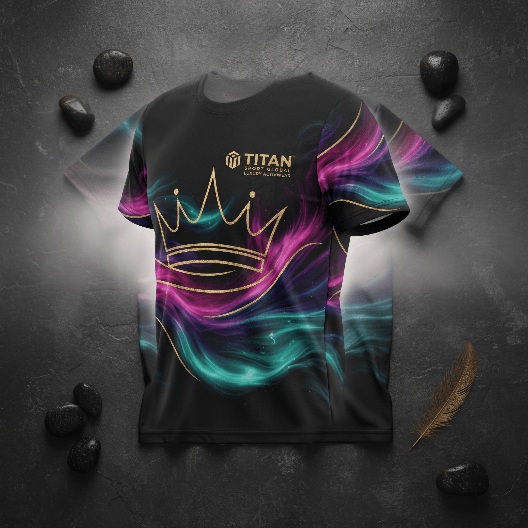 Black t-shirt with gold crown graphic, pink and teal abstract wave design, and Titan Sport Global logo.
