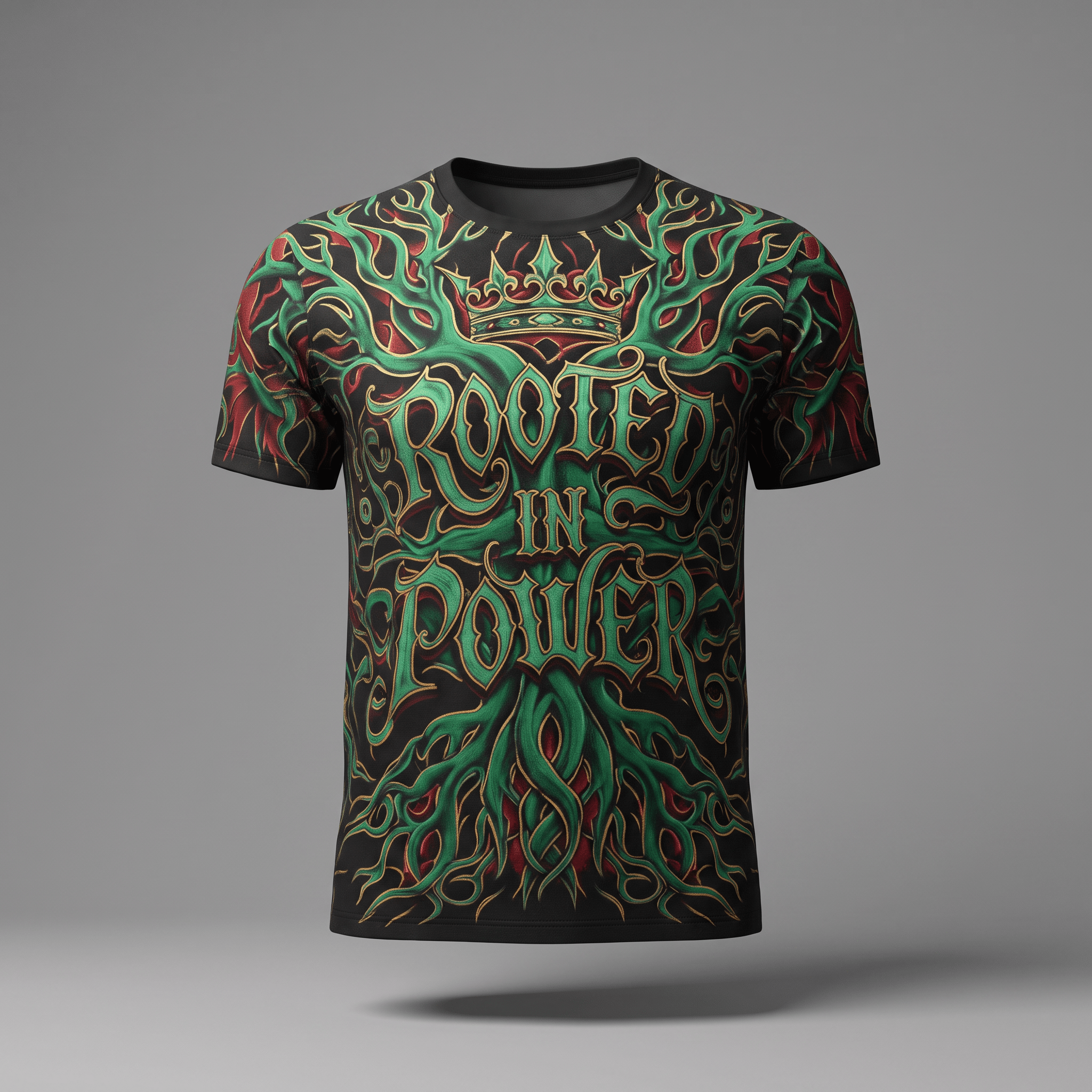 Black crewneck t-shirt featuring green and red graphic art with crown and Rooted in Power text.