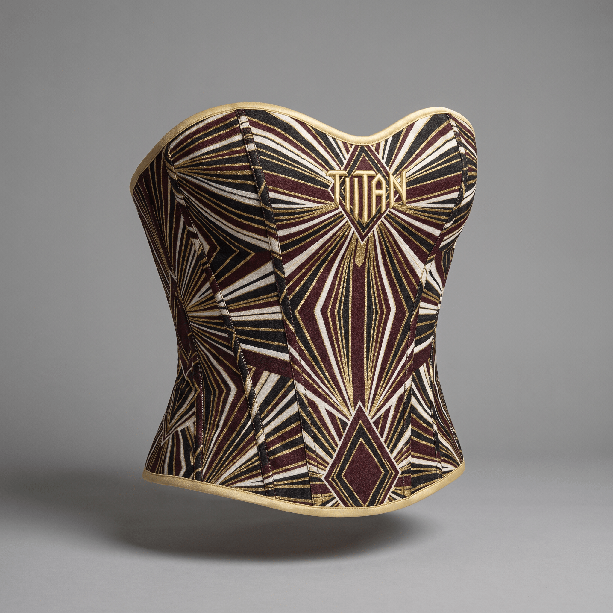 Strapless Art Deco corset in burgundy, black, white, and gold with Titan logo on a grey background.