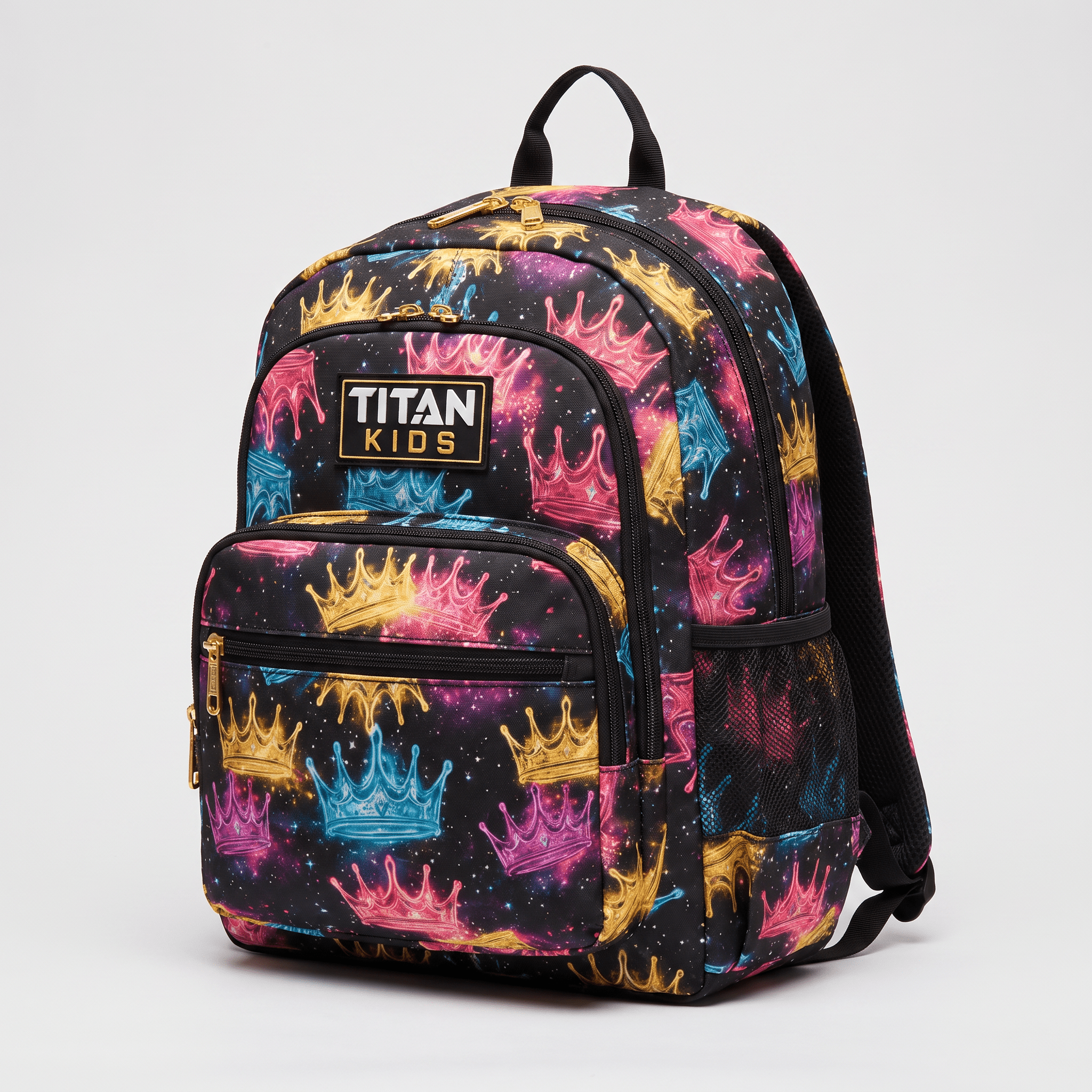 Black Titan Kids backpack featuring a colorful galaxy and gold crown print against a white background.