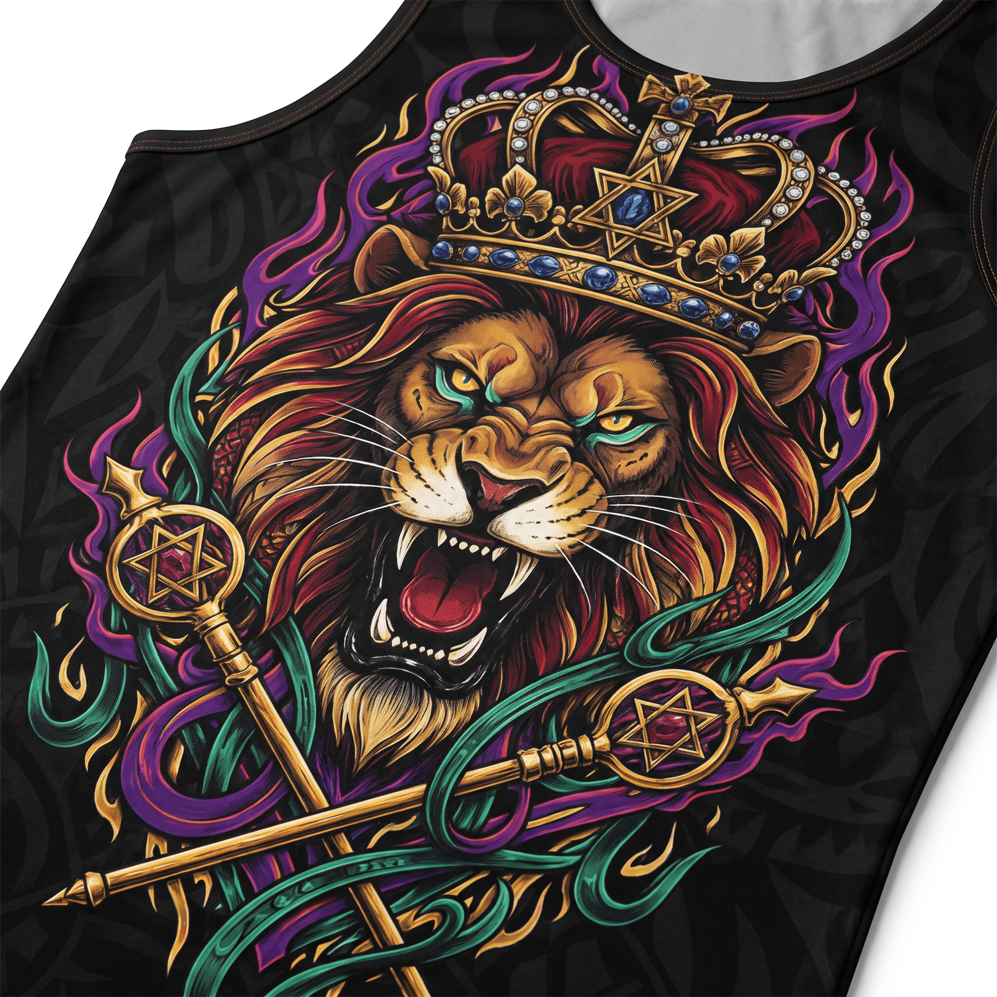Black tank top featuring a roaring lion wearing a jeweled crown and holding crossed staffs.