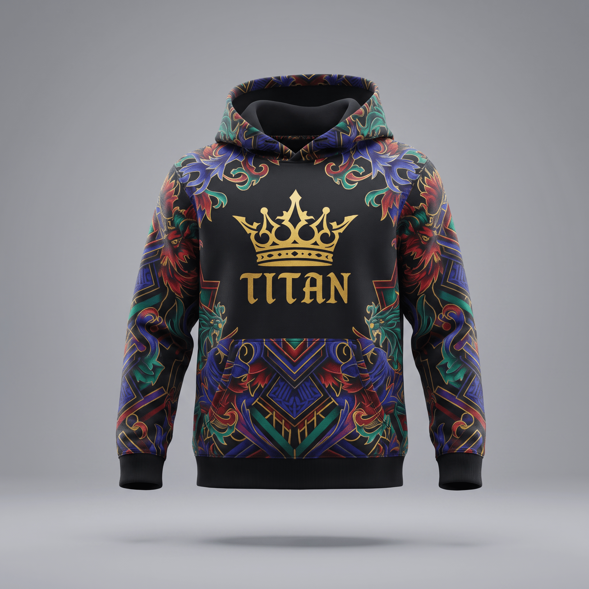 Black hoodie with gold Titan crown graphic and colorful ornate baroque scrollwork pattern.