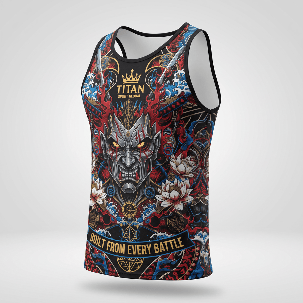 Black tank top featuring a Japanese oni mask, lotus flowers, and Titan Sport Global branding.