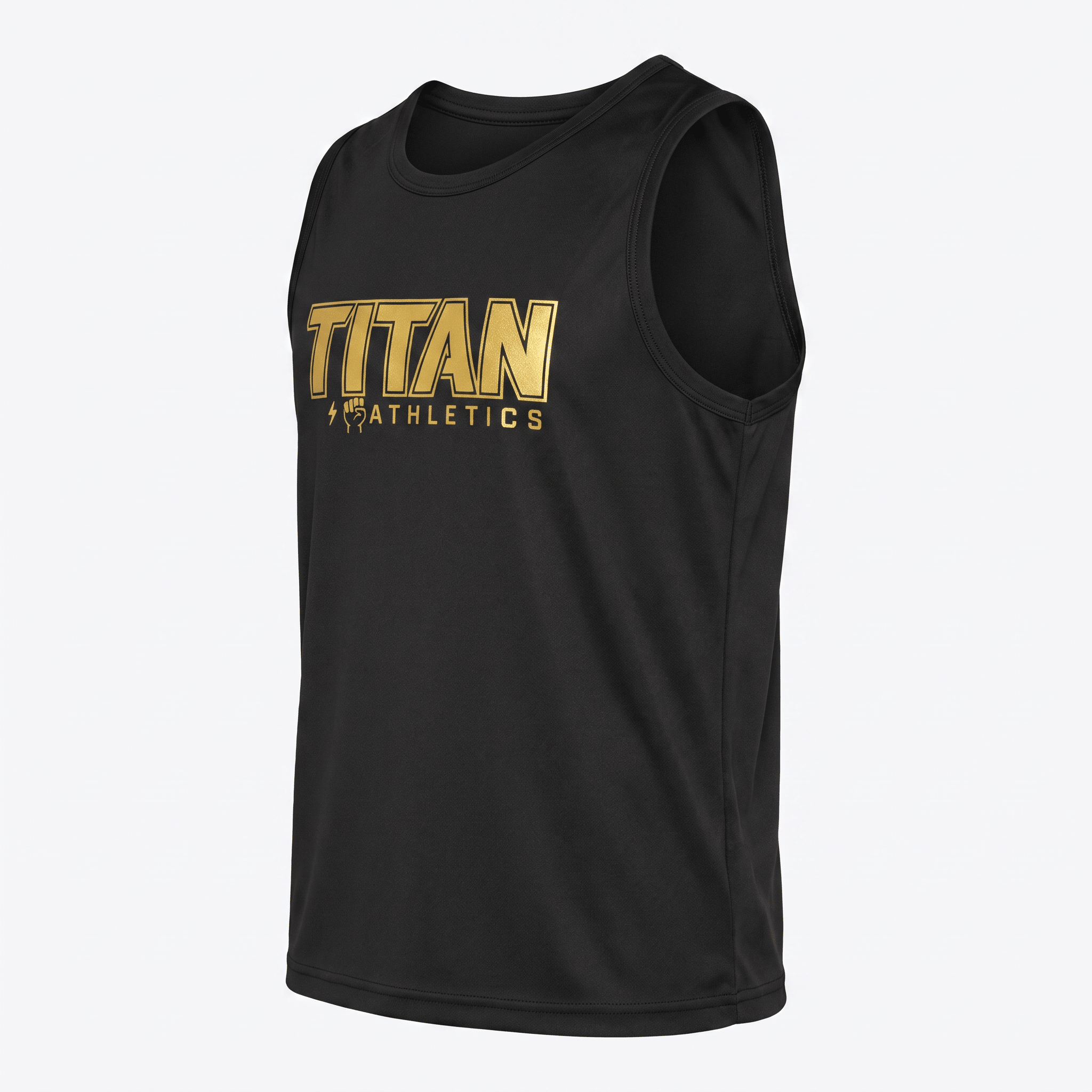 Black athletic tank top featuring gold Titan Athletics logo on the chest.