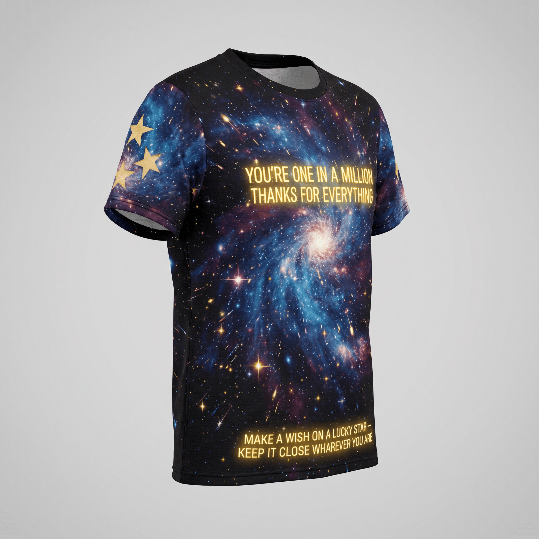 Black all-over print t-shirt featuring a blue galaxy and yellow inspirational text.