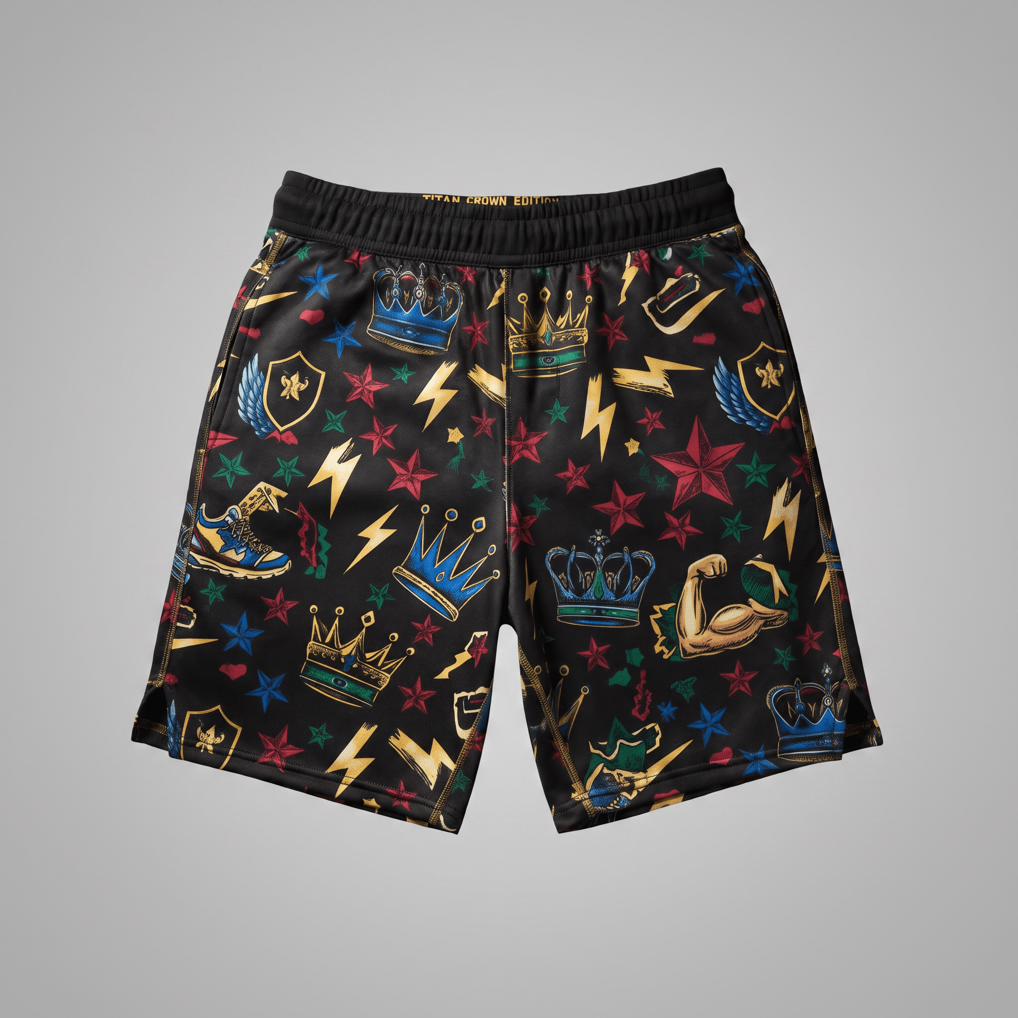 Black athletic shorts featuring a colorful tattoo-style print of crowns, stars, and lightning bolts.