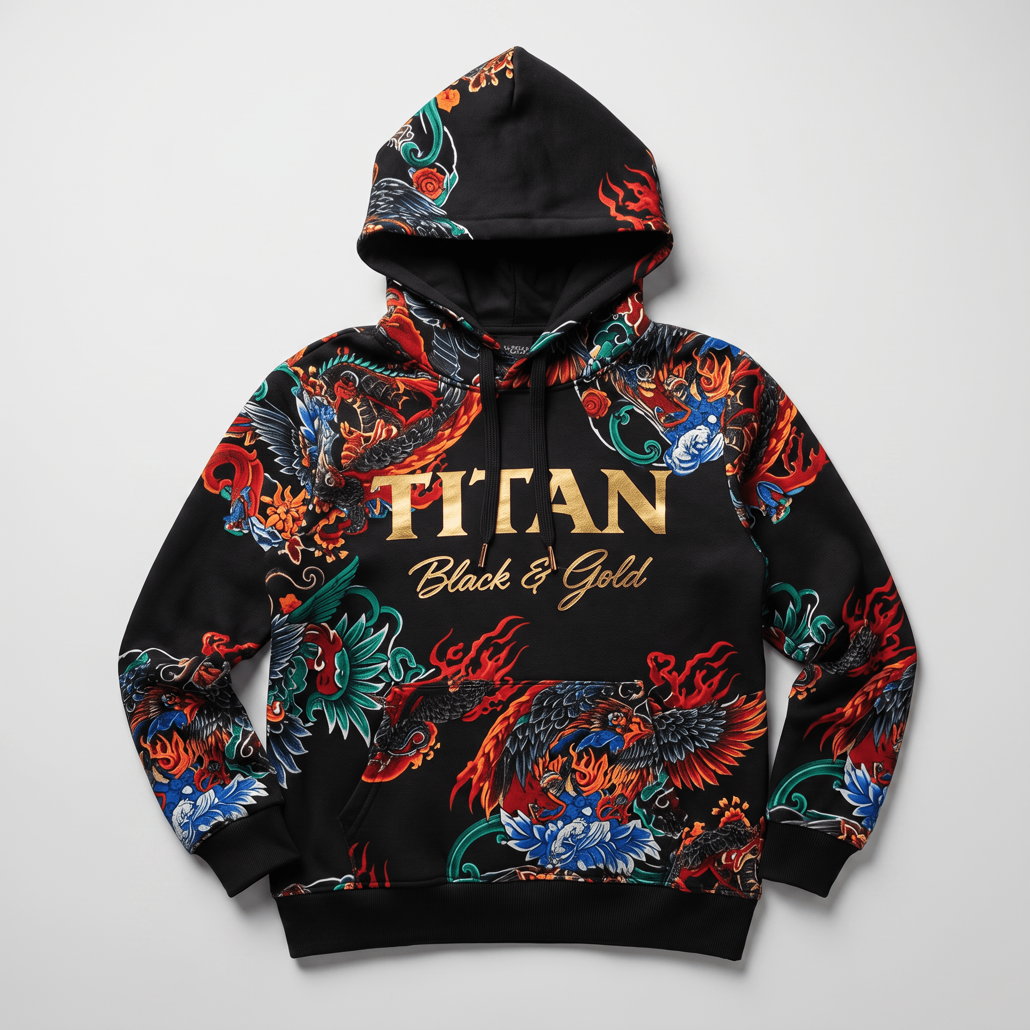 Black hoodie with vibrant Japanese dragon and phoenix print and gold Titan logo on chest.