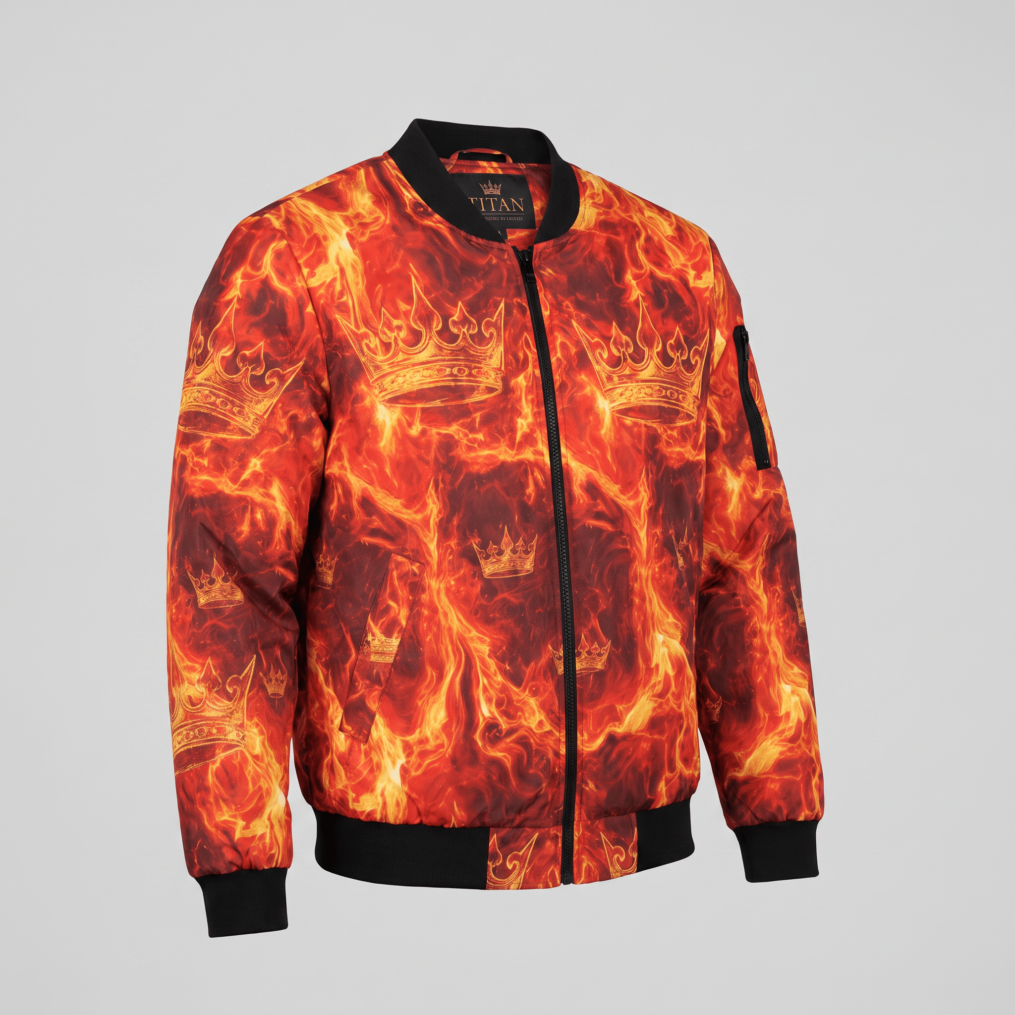 Red and orange flame-print bomber jacket with gold crowns and black ribbed trim.
