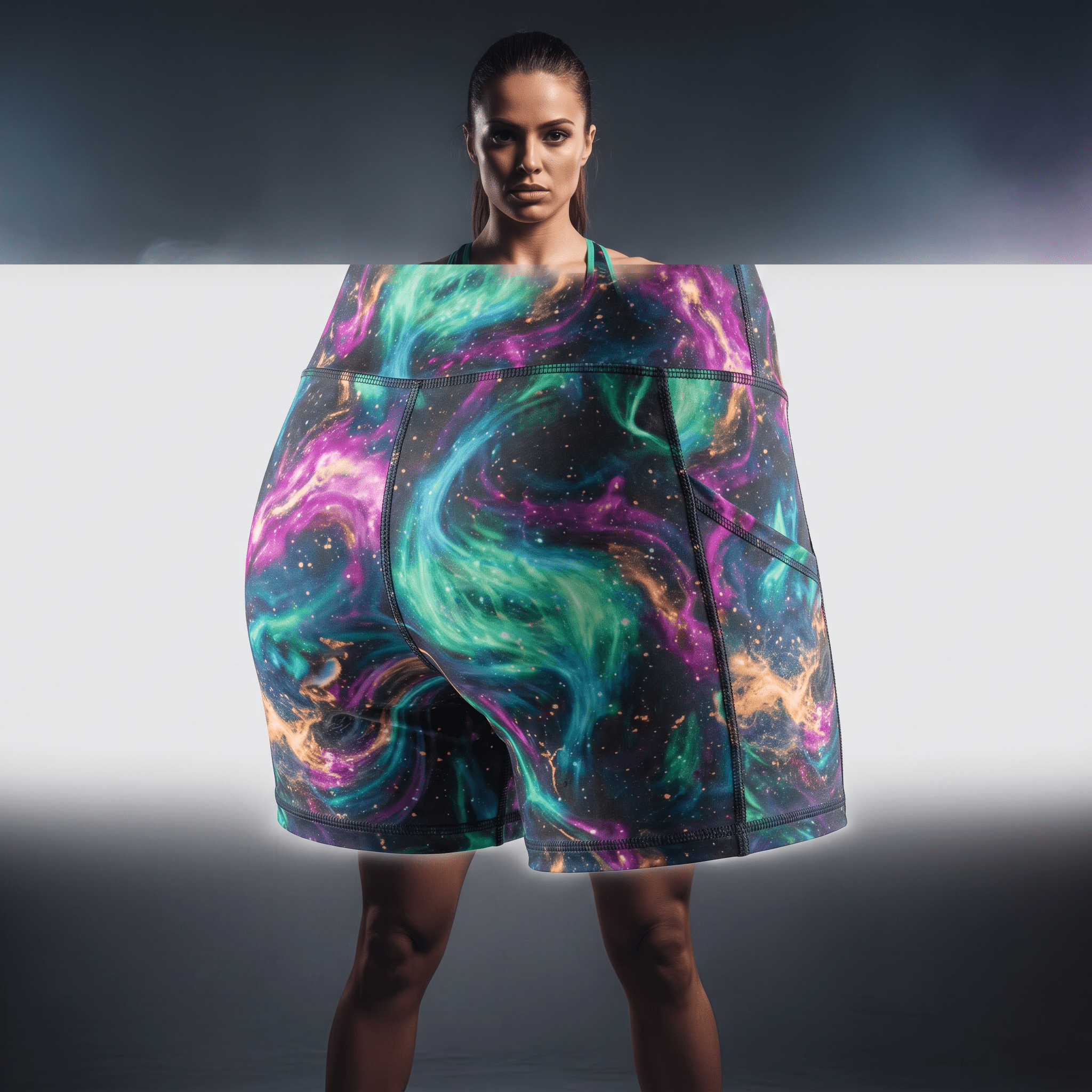 Woman wearing high-waisted athletic shorts featuring a vibrant teal, purple, and gold galaxy nebula print.