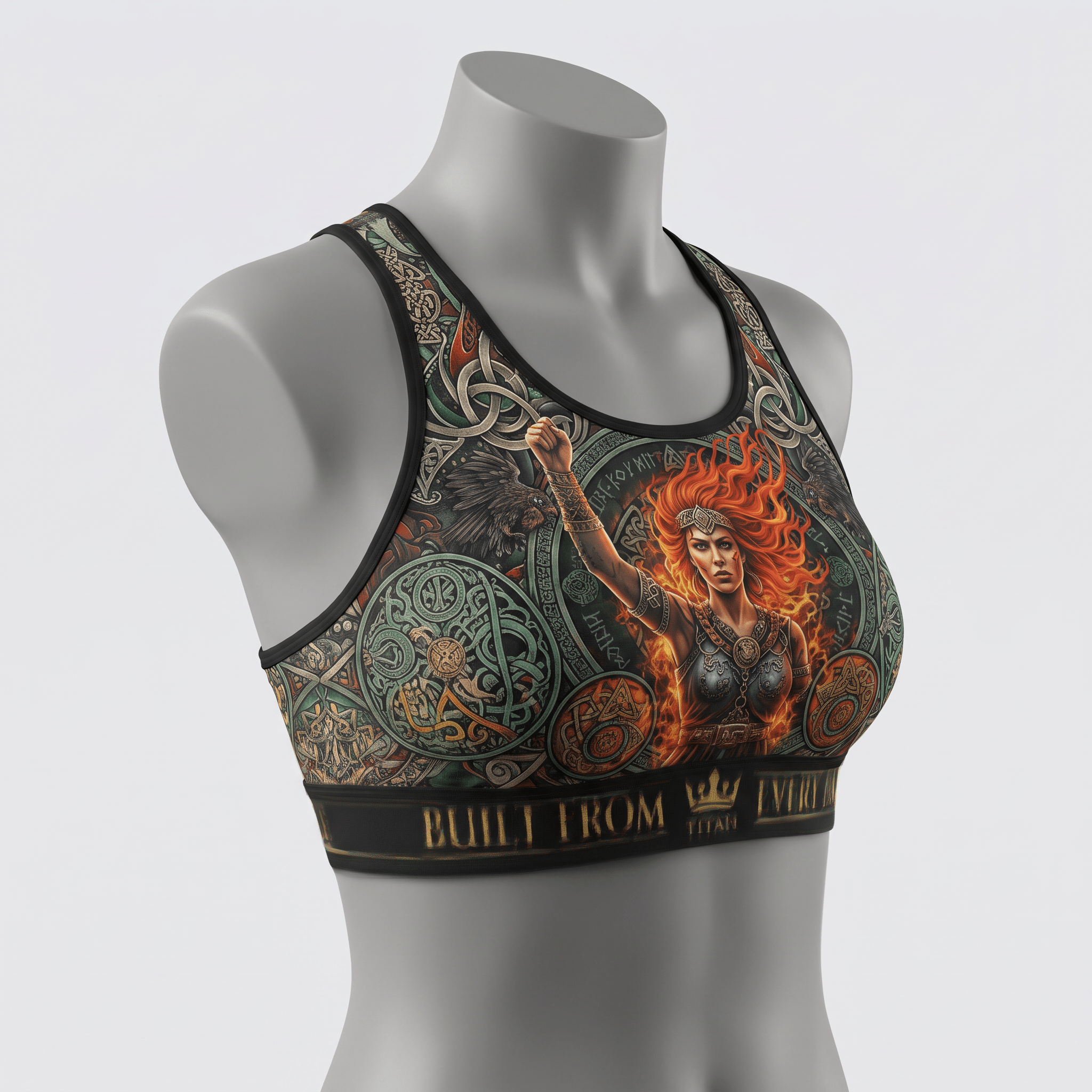 Grey athletic sports bra with Norse warrior woman graphic and Celtic knot patterns on a mannequin.