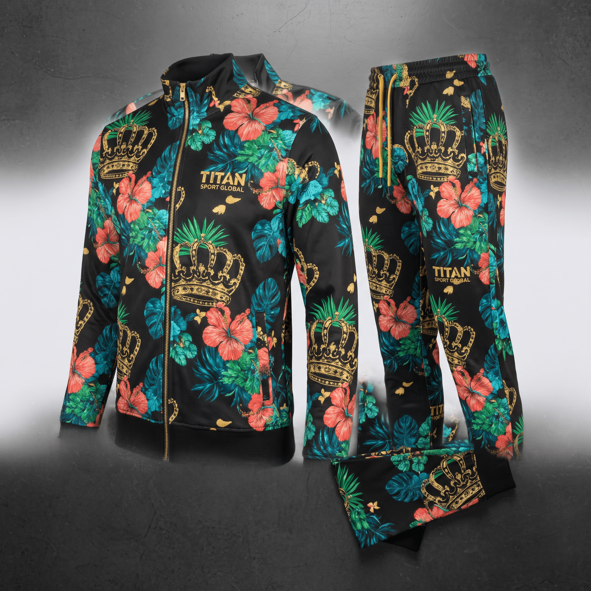 Black tracksuit with tropical floral and crown print, gold zipper, and Titan Sport Global branding.