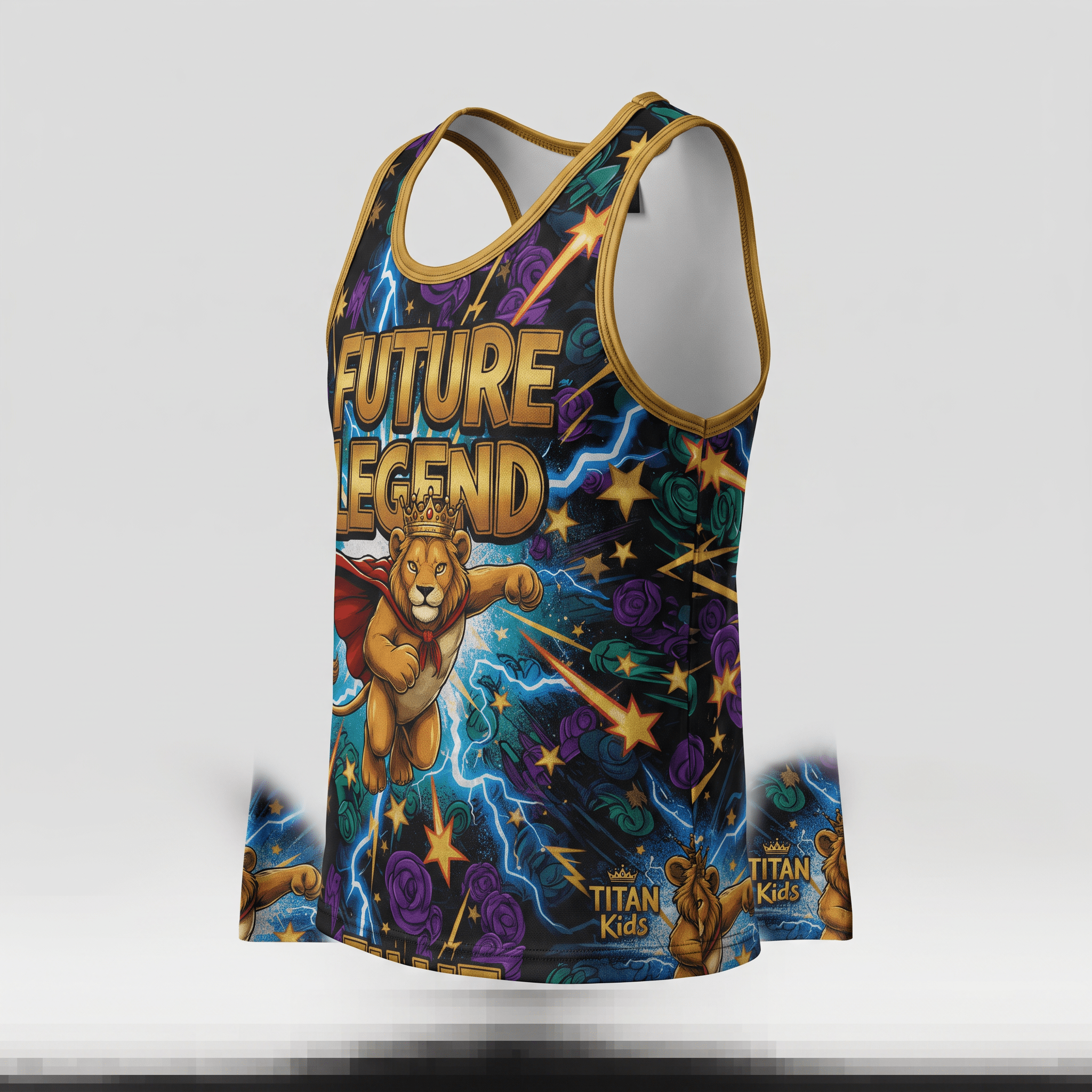 Black and gold athletic tank top featuring Future Legend lion superhero graphic with comic book print.