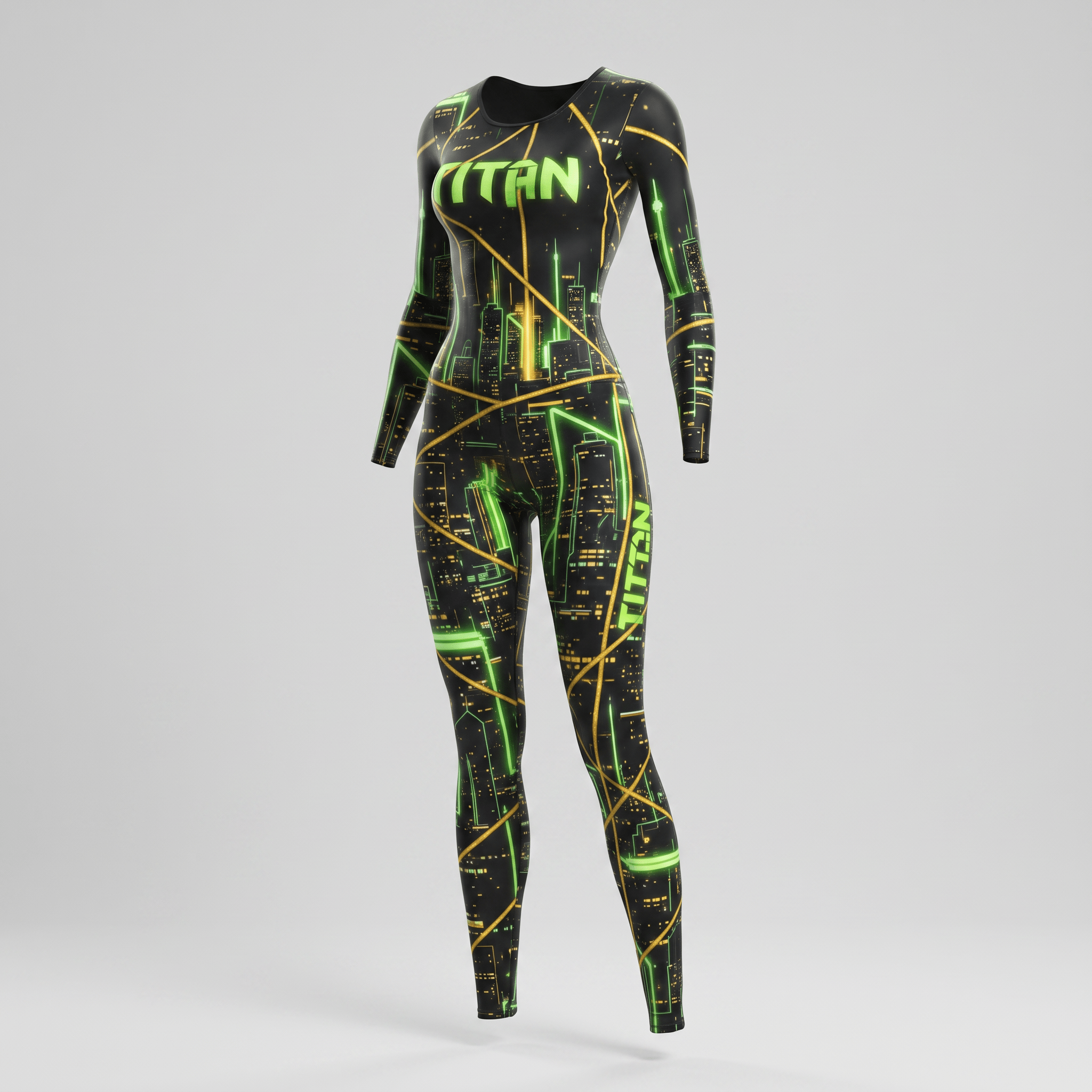 Black long-sleeve women bodysuit with green and yellow neon city skyline print and Titan logo.