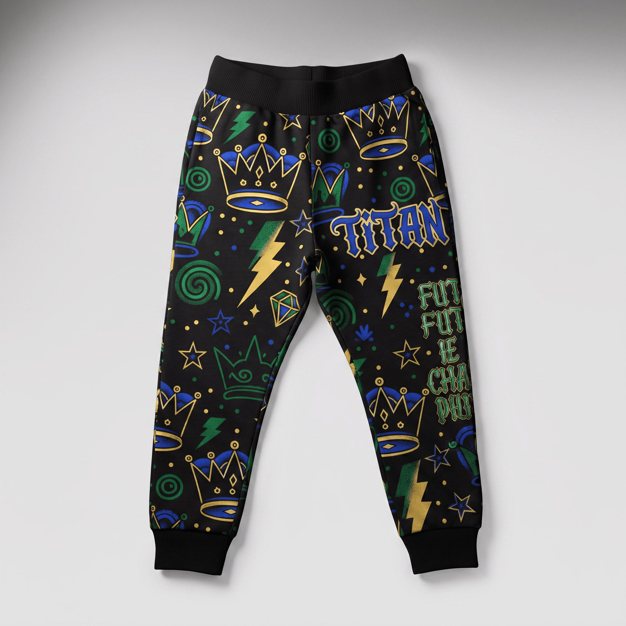 Black joggers with colorful crown and lightning bolt graphic print, black waistband.