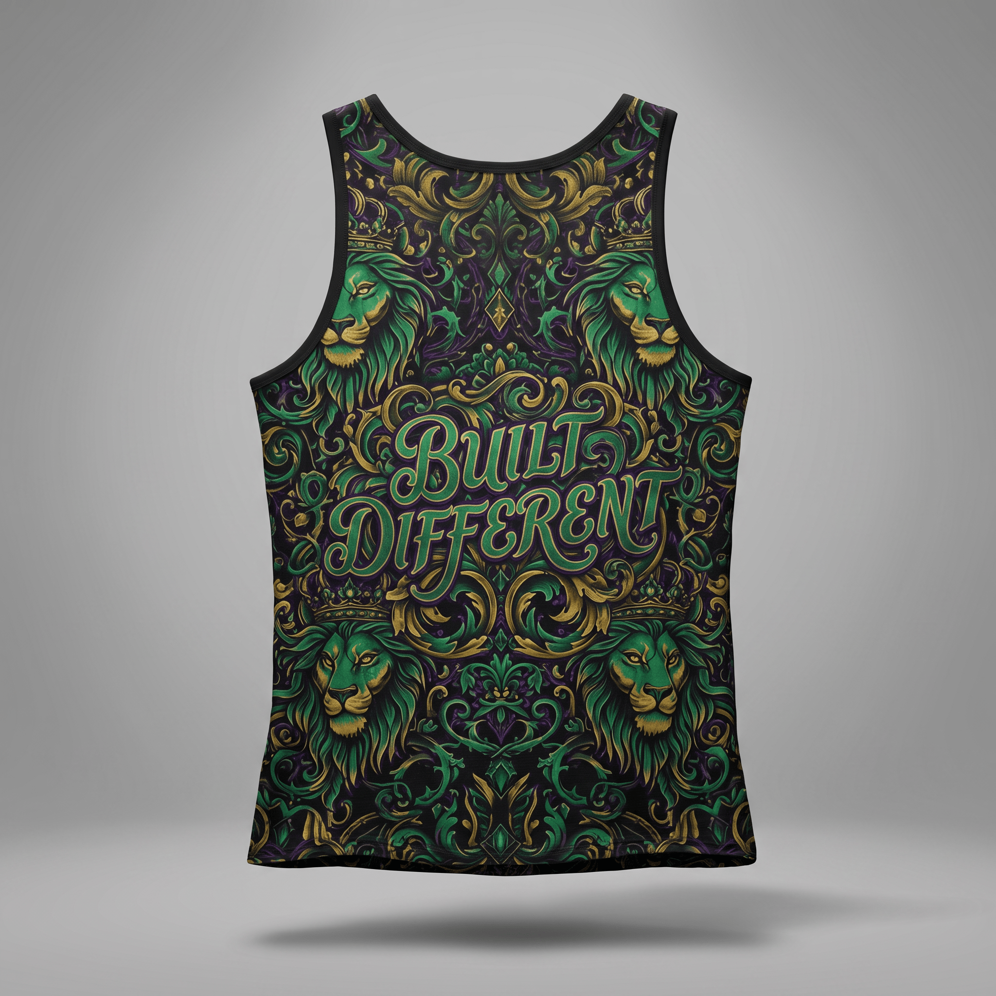 Black tank top with green and gold ornate lion and baroque print featuring Built Different text.