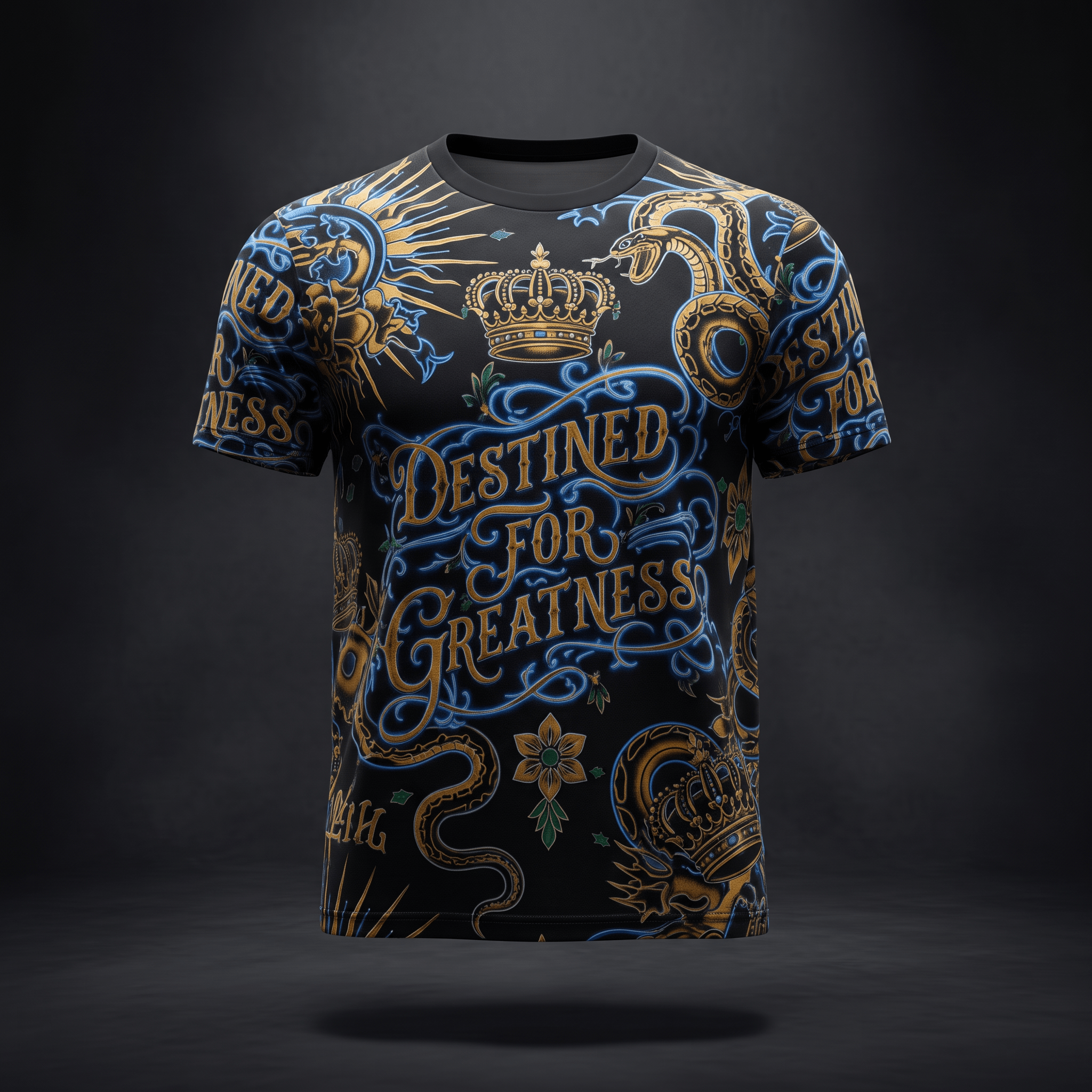 Black t-shirt with gold and blue tattoo-style graphics including crown, snakes, and Destined for Greatness text.