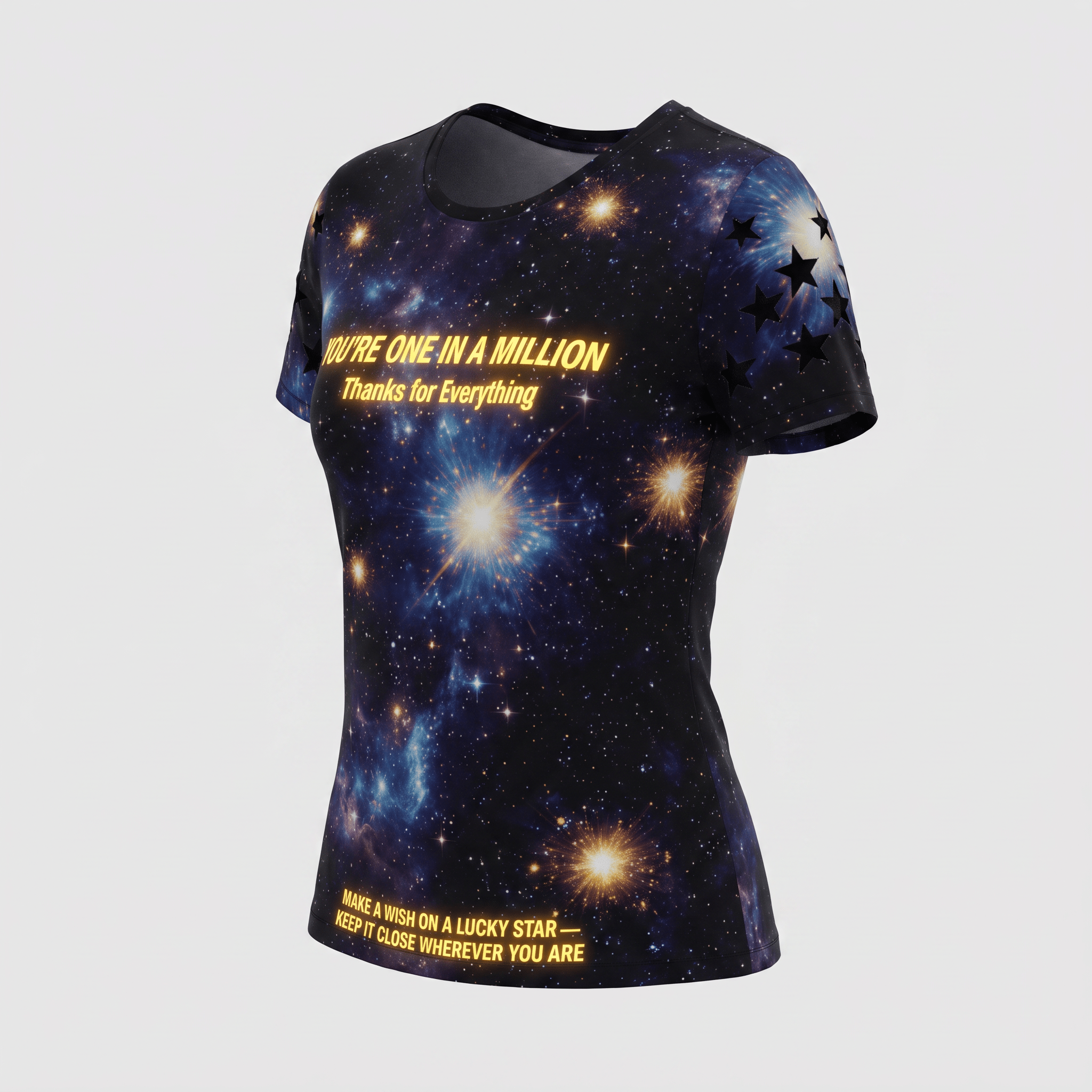 Black t-shirt with blue galaxy print, glowing stars, and inspirational quote text on front.