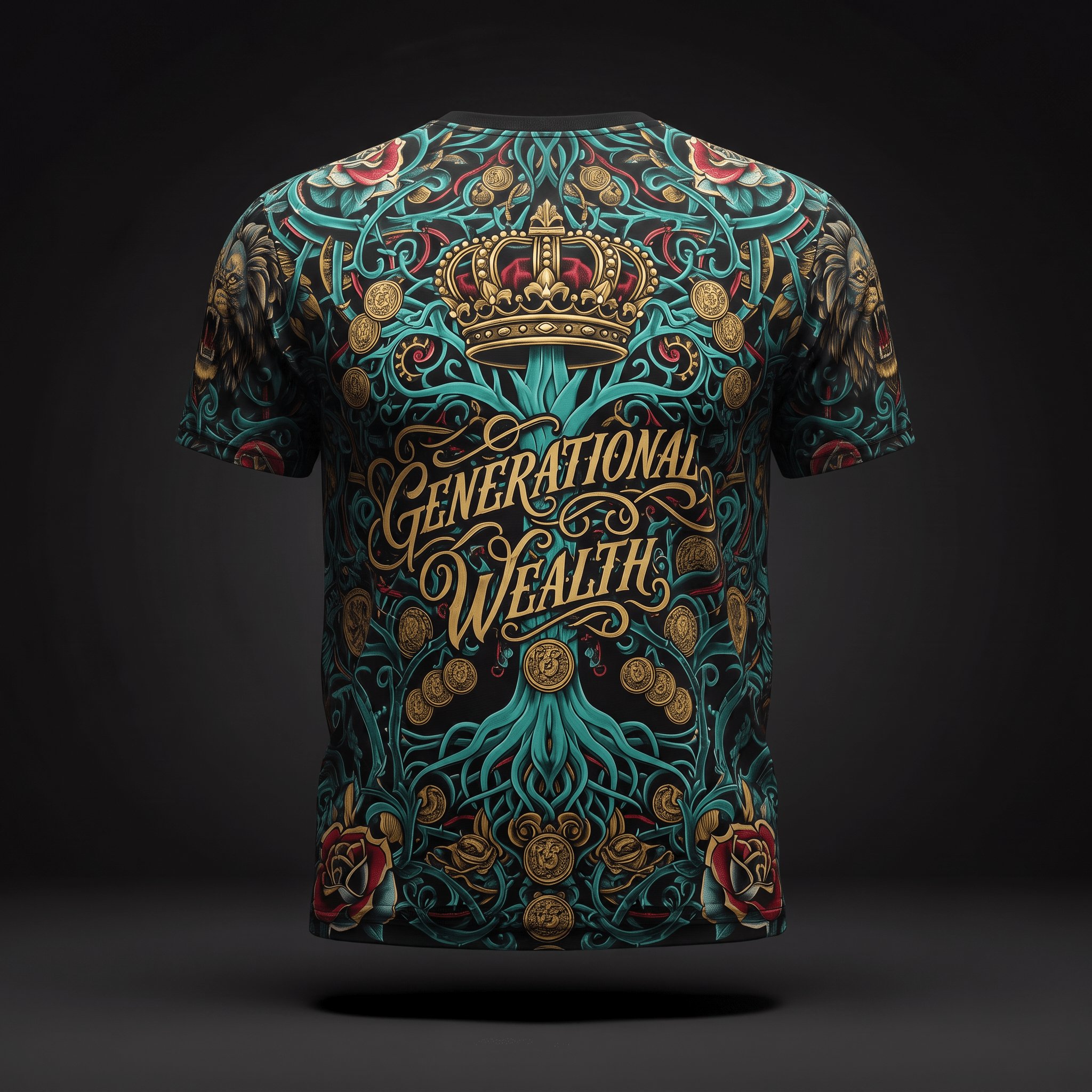 Black t-shirt with teal, gold, and red Generational Wealth graphic print featuring a crown, lions, and coins.