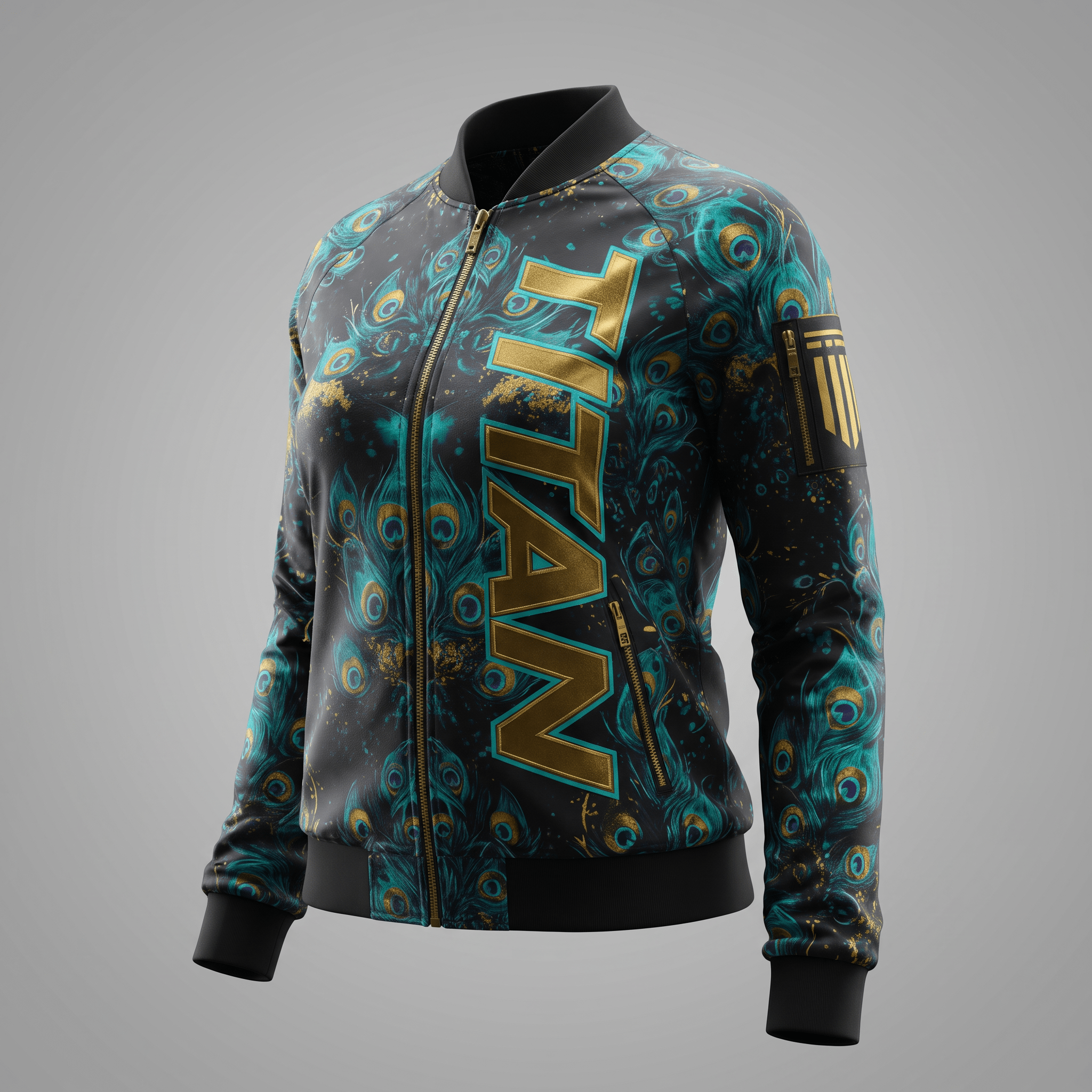 Black bomber jacket with teal peacock feather print, gold Titan text, and gold zippers.