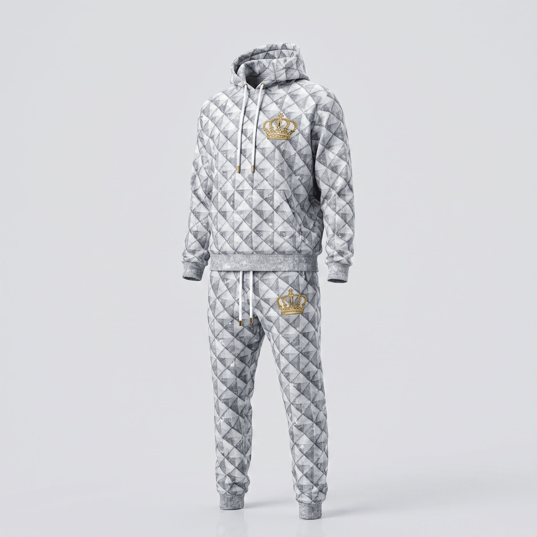 Grey and white diamond pattern tracksuit with a gold crown logo on the hoodie and pants.