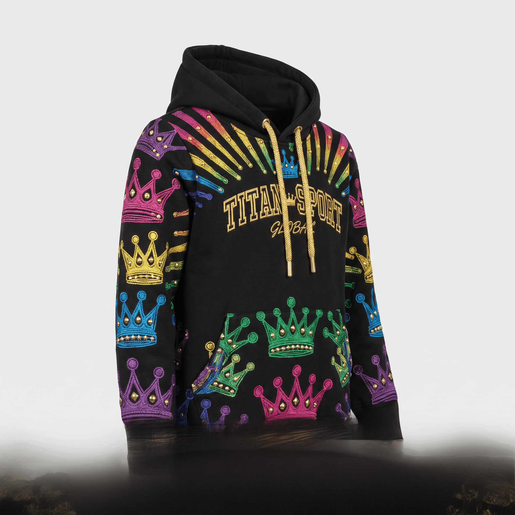 Black hoodie with colorful embroidered crowns and Titan Sport text in gold, featuring a drawstring hood and front pocket.