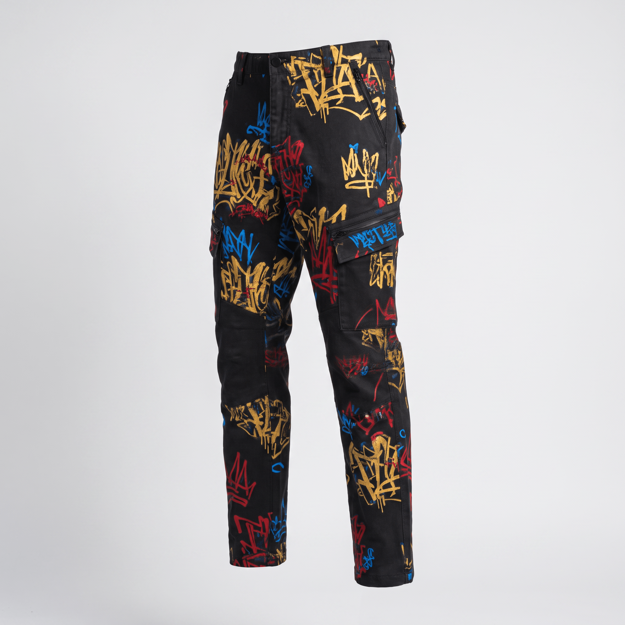 Black cargo pants featuring an allover multicolored graffiti print in gold, blue, and red against a plain background.