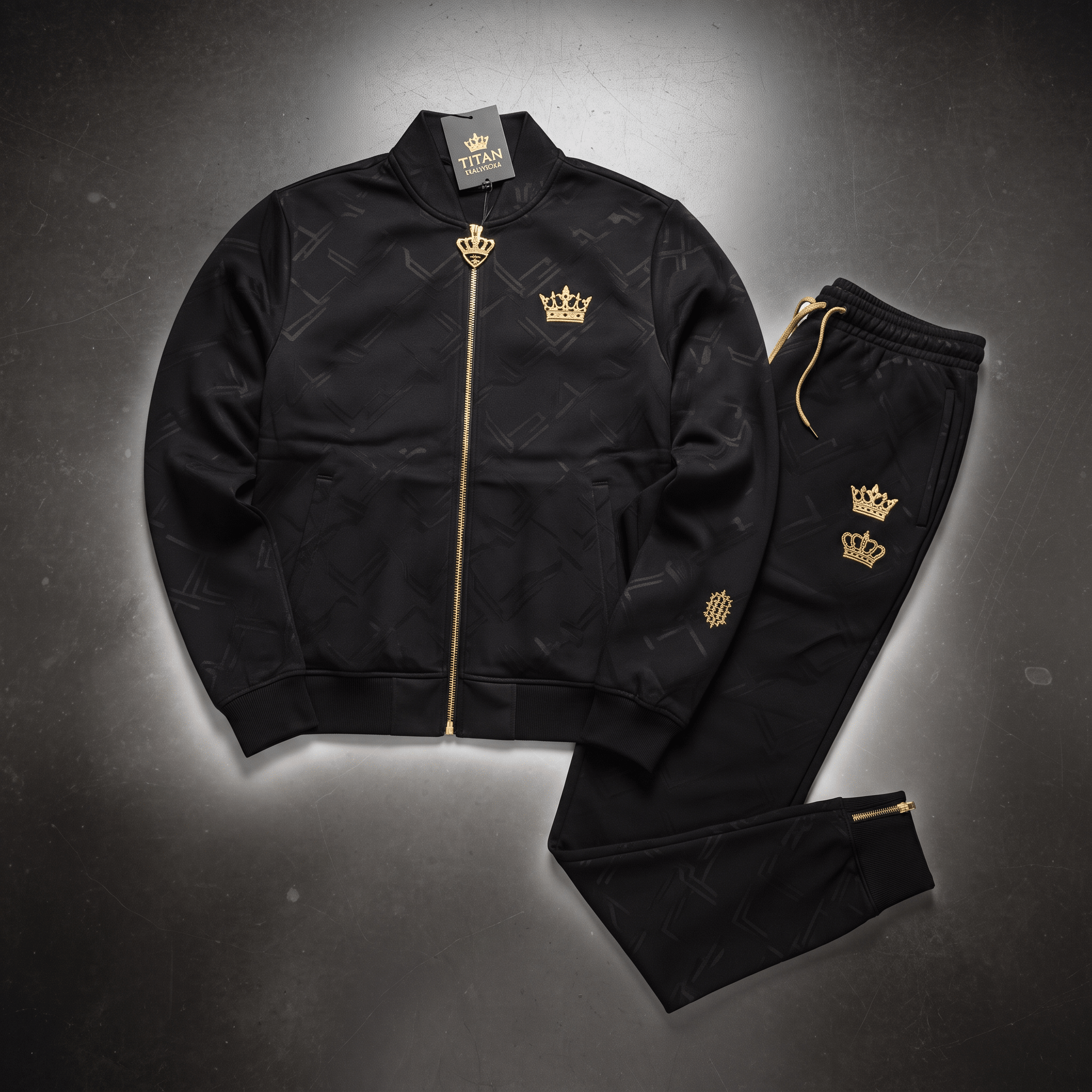 Black tracksuit with gold crown logos, zip jacket, and matching joggers on dark background.