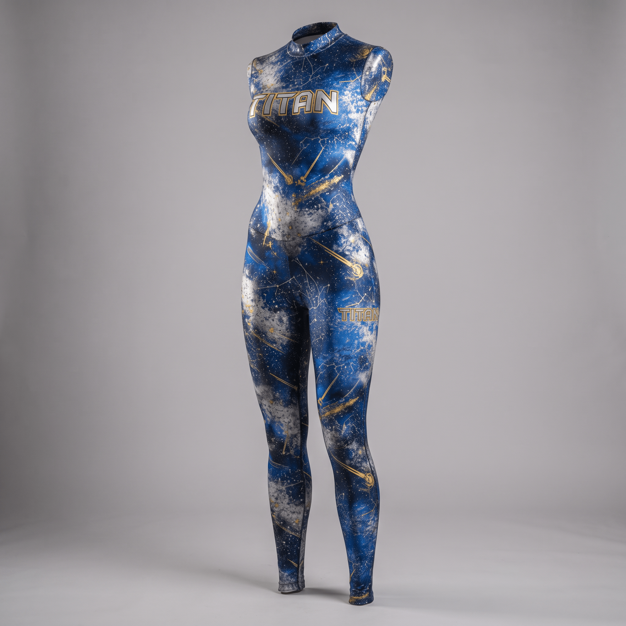 Blue space-print sleeveless athletic bodysuit with gold Titan branding on a mannequin.