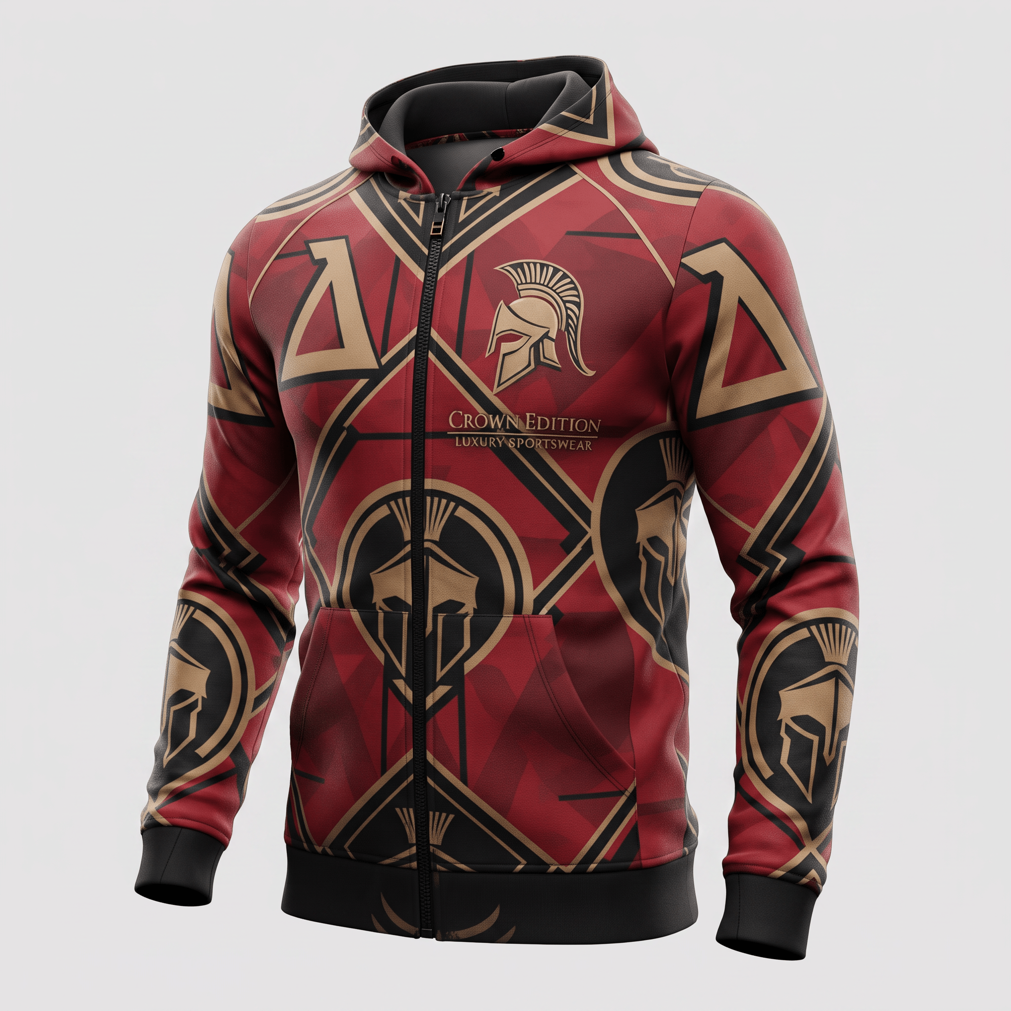 Red and black full-zip hoodie with gold Spartan helmet graphic patterns and Crown Edition luxury sportswear text.