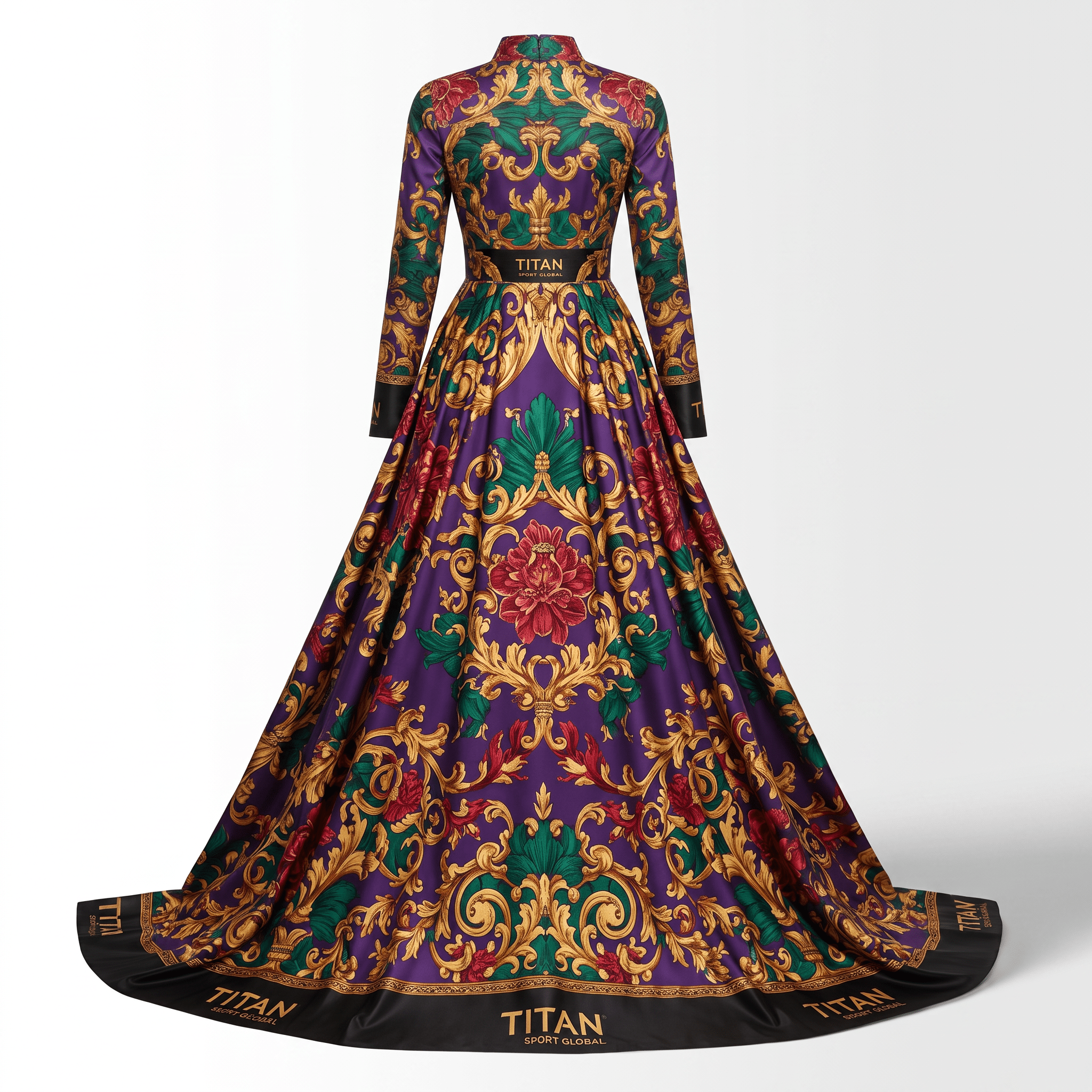 Back view of a purple long-sleeve maxi dress with gold baroque, green, and red floral print.