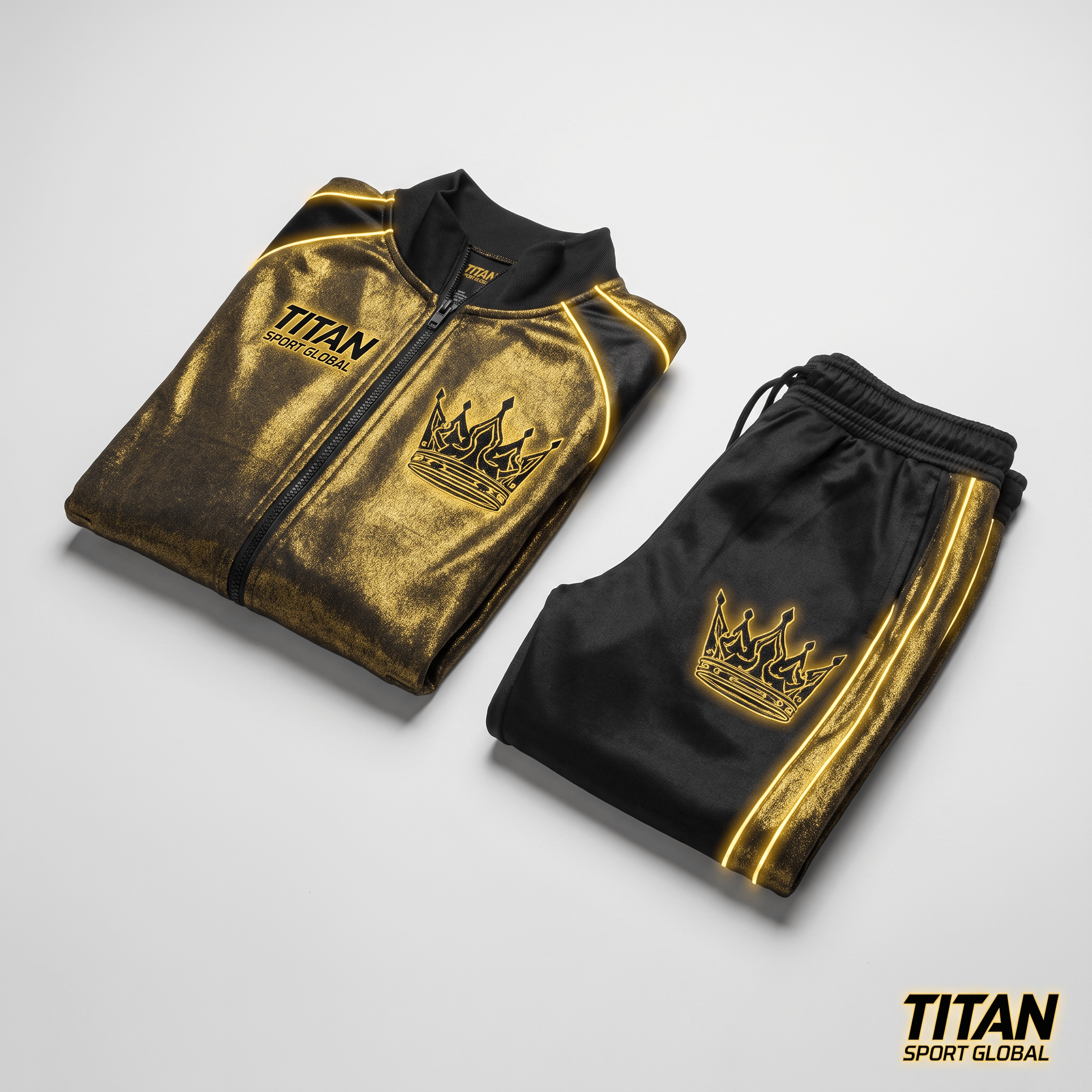 Black and gold Titan Sport Global tracksuit with jacket and joggers featuring crown logos.