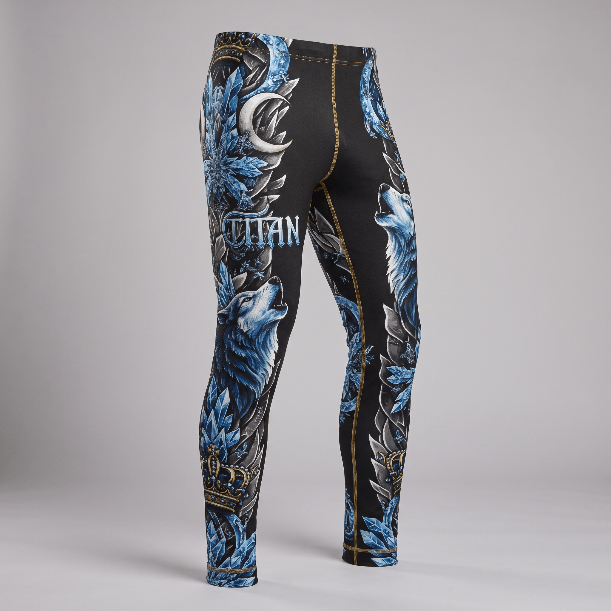 Black compression tights featuring a blue wolf, moon, and crystal graphic print for athletic training.