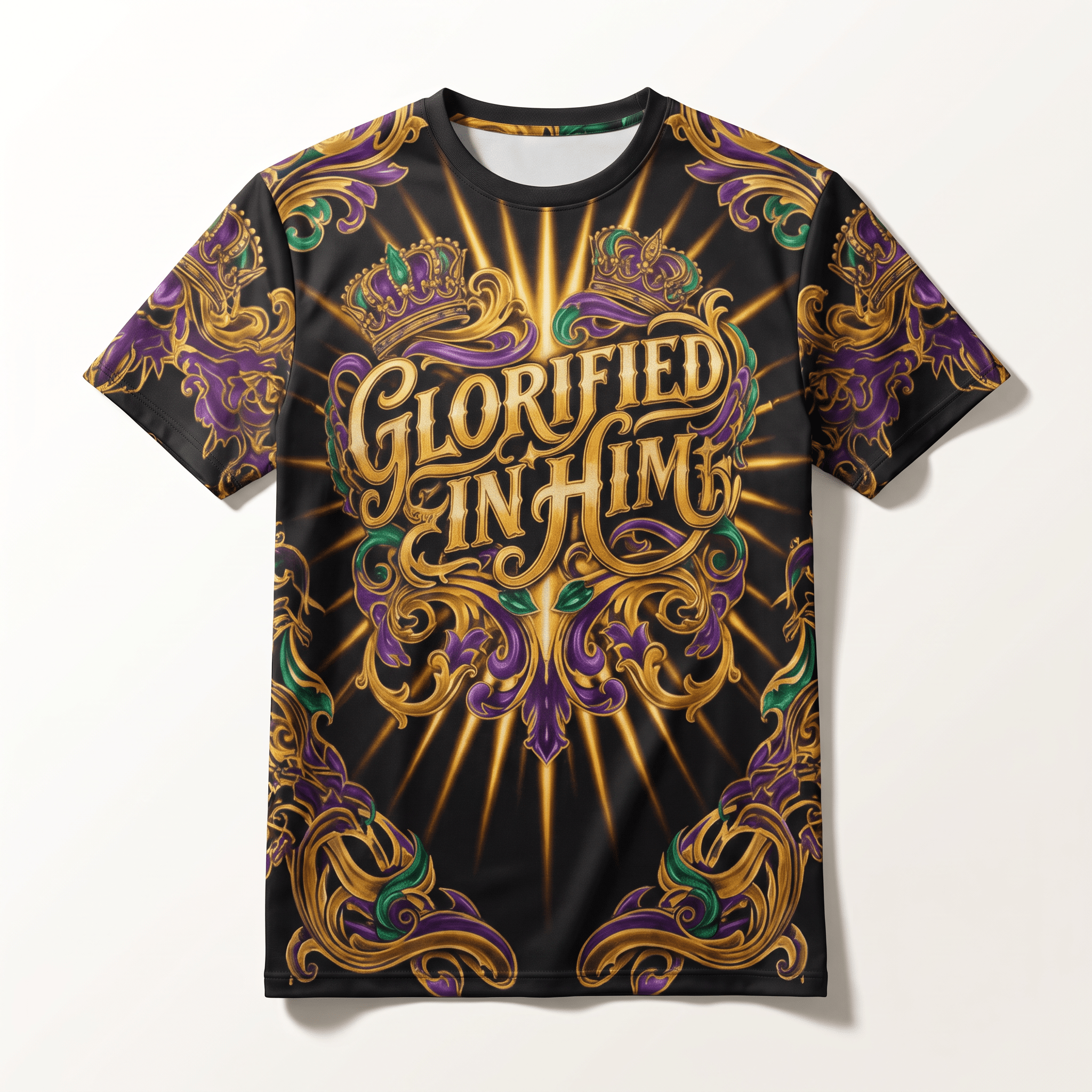 Black t-shirt with all-over gold, purple, and green baroque scrollwork, crowns, and Glorified in Him text.